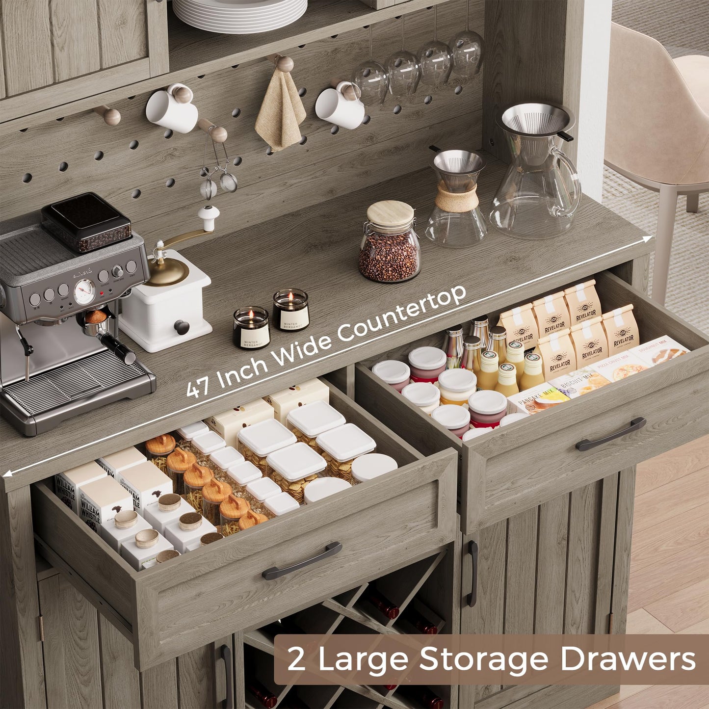 72" Coffee Bar Cabinet with Power Outlet & LED Light, Farmhouse Large Kitchen Hutch with Sliding Barn Door, Tall Bar Cabinets with Storage Drawers & Wine Glass Rack,Pantry China Cabinet for Home,Grey