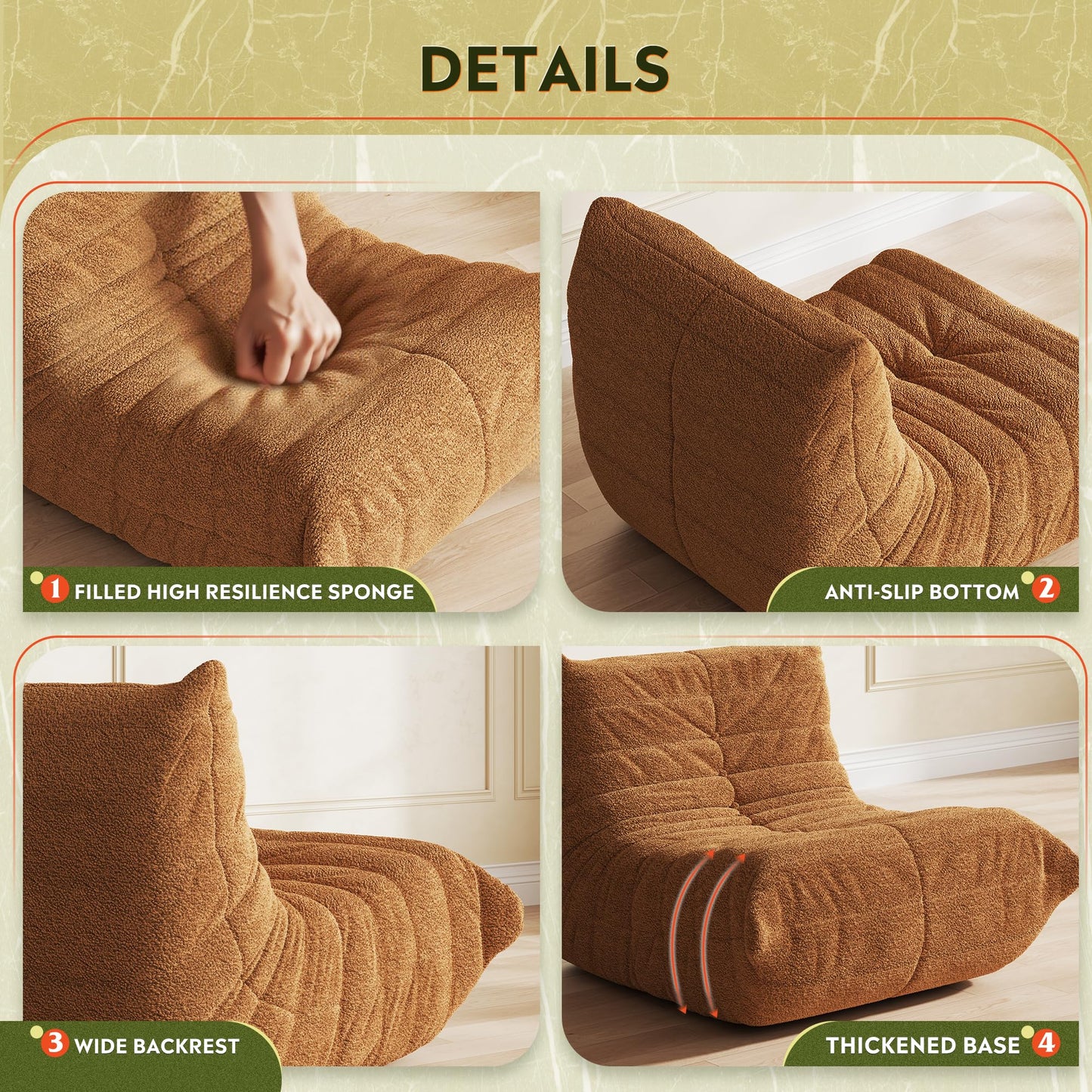 WLIVE Bean Bag Chair Giant Bean Bag Sofa Memory Foam Bean Bag Adult Chair, Sofa Recliner for Living Room and Bedroom, Orange