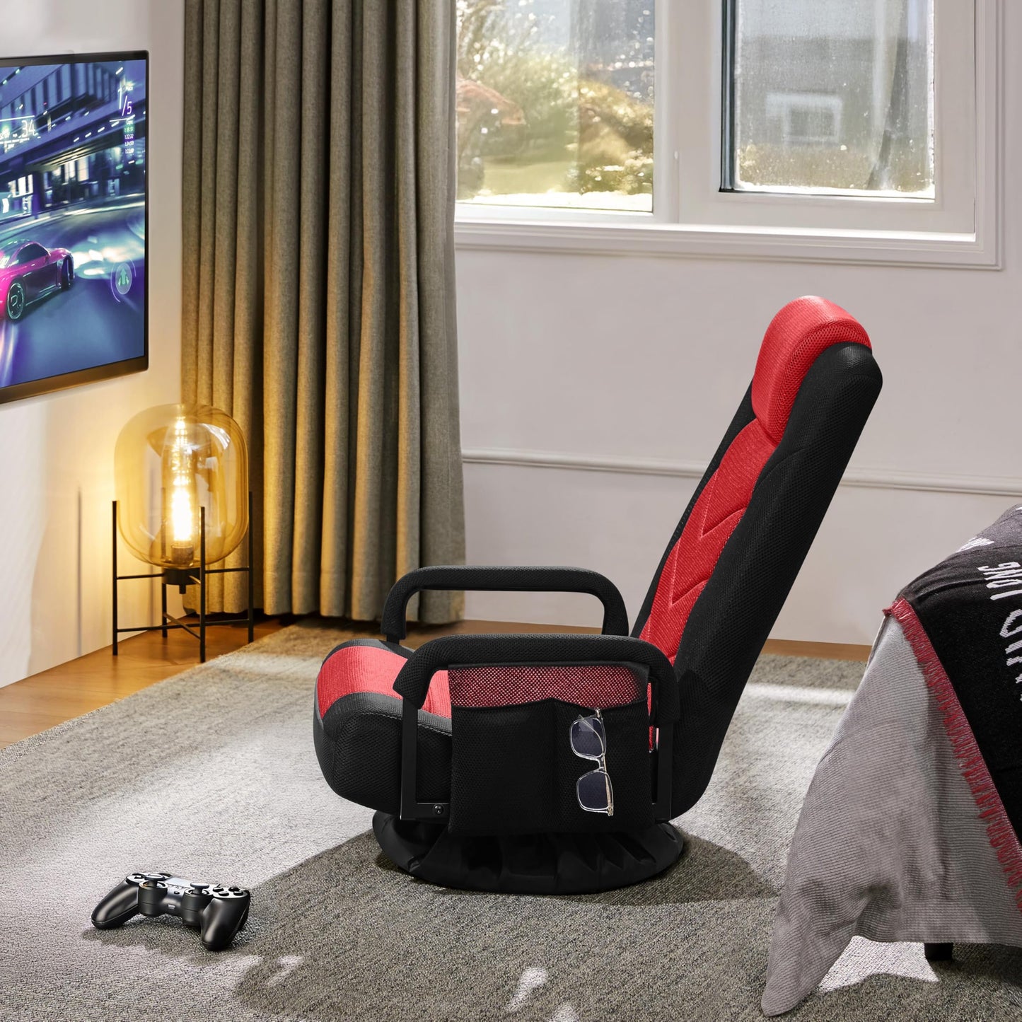 Yaheetech Floor Gaming Chair Swivel Video Game Chair Multipurpose Lazy Lounger Couch for Playing Games, TV, Reading with 6 Adjustable Position, Side Pocket, Armrest Handles