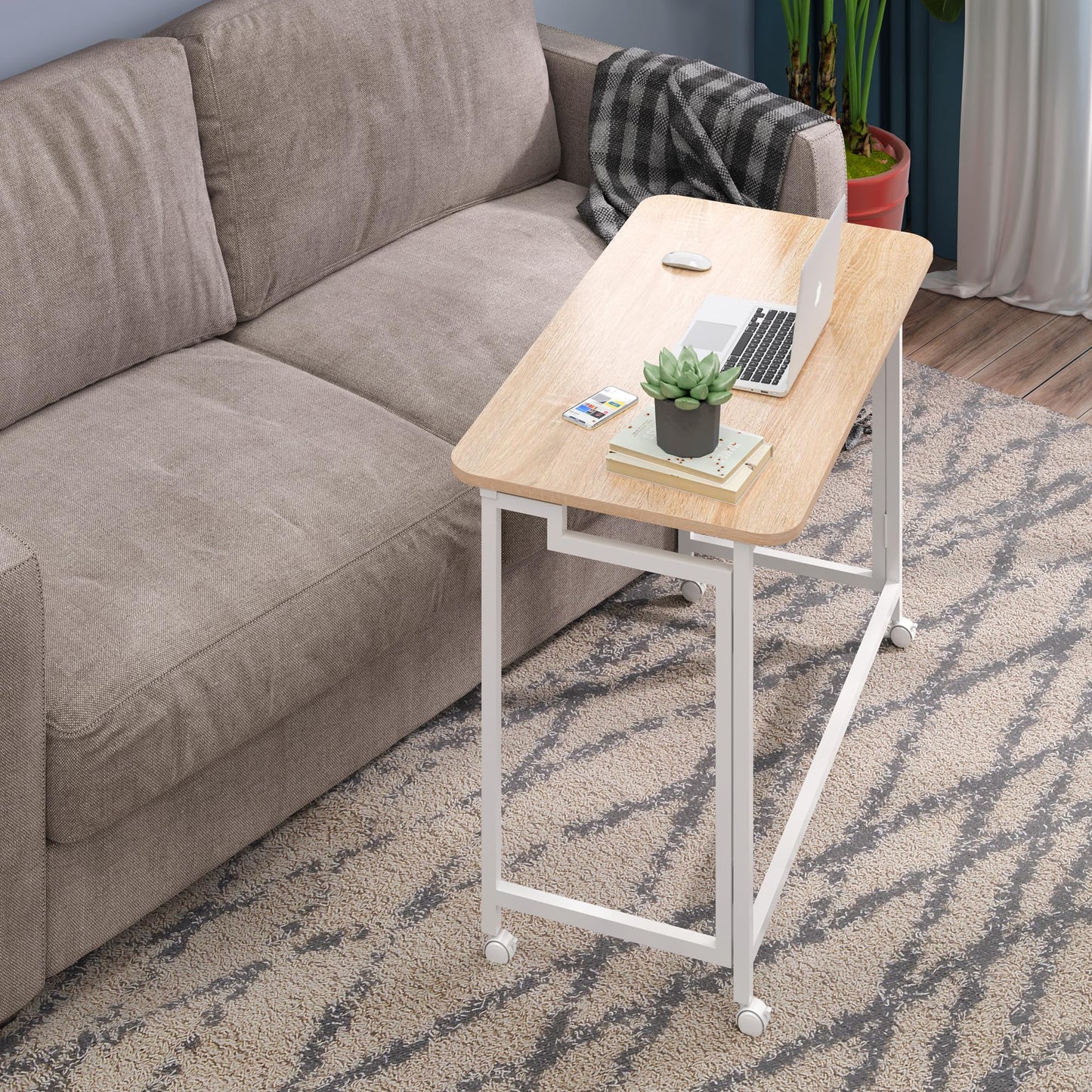4NM 27.5" Mobile Small Rolling Computer Desk, Folding Laptop Cart Table with Wheels, Portable Office Desk for Small Space Couch Bed - Natural and White