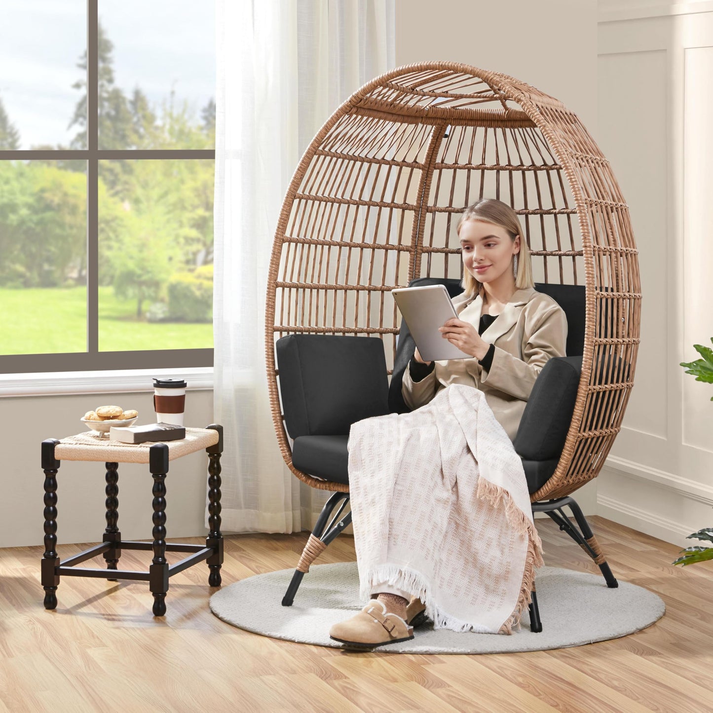 Yaheetech Egg Rattan Chair, Oversized Indoor/Outdoor Egg-Shaped PE Basket Lounger with 4 Cushions, Metal Frame Stand for Patio, Balcony, Backyard, Living Room, Light Brown/Black