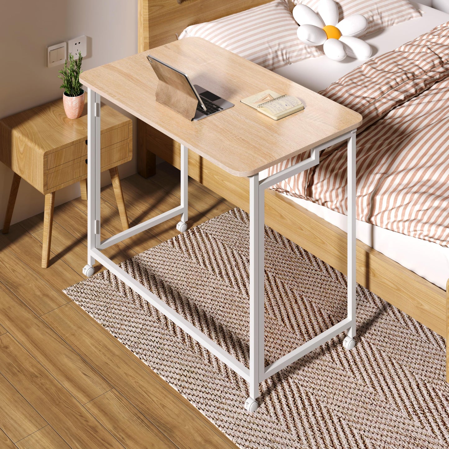 4NM 27.5" Mobile Small Rolling Computer Desk, Folding Laptop Cart Table with Wheels, Portable Office Desk for Small Space Couch Bed - Natural and White
