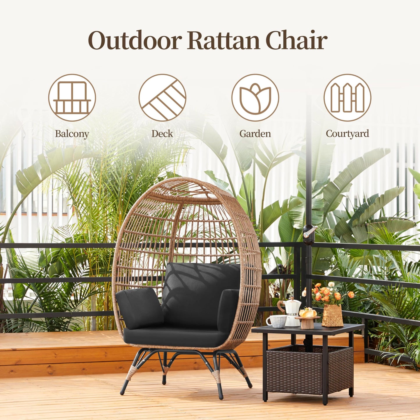 Yaheetech Egg Rattan Chair, Oversized Indoor/Outdoor Egg-Shaped PE Basket Lounger with 4 Cushions, Metal Frame Stand for Patio, Balcony, Backyard, Living Room, Light Brown/Black