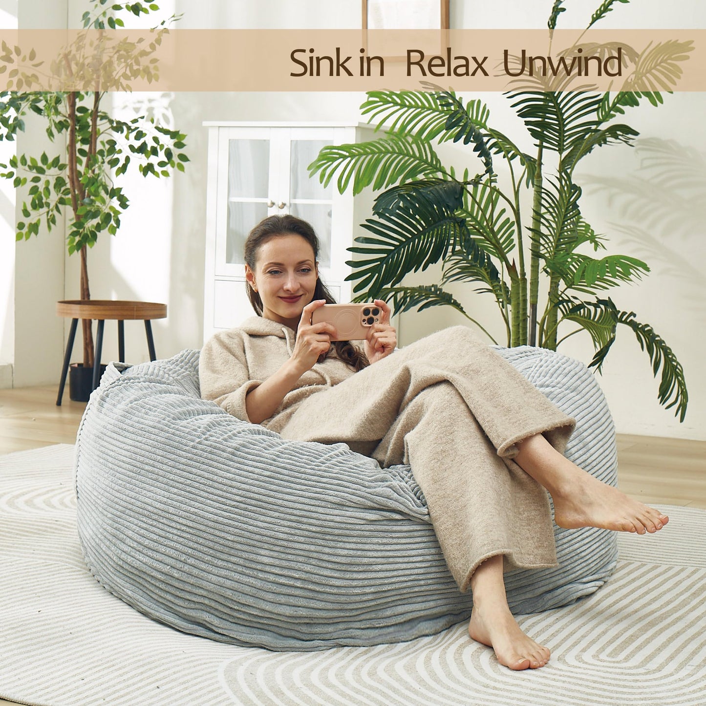 48 Inches / 4 Feet Bean Bag Chair with Memory Foam Filler for Adults and Kids, Ultra Soft Light Gray Corduroy Cover, Living Room Use, Comfortable Wrap (Corduroy 4 feet)