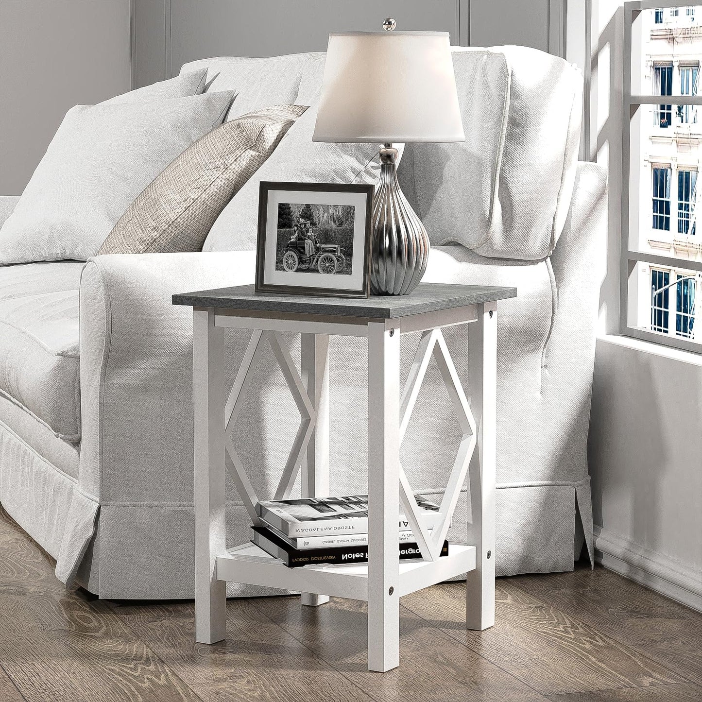 3imothrix Farmhouse End Table Set of 2, Small Side Table with Charging Station, Nightstand Bedside Table with Storage Shelf, USB Ports and Outlets for Small Space Living Room Bedroom