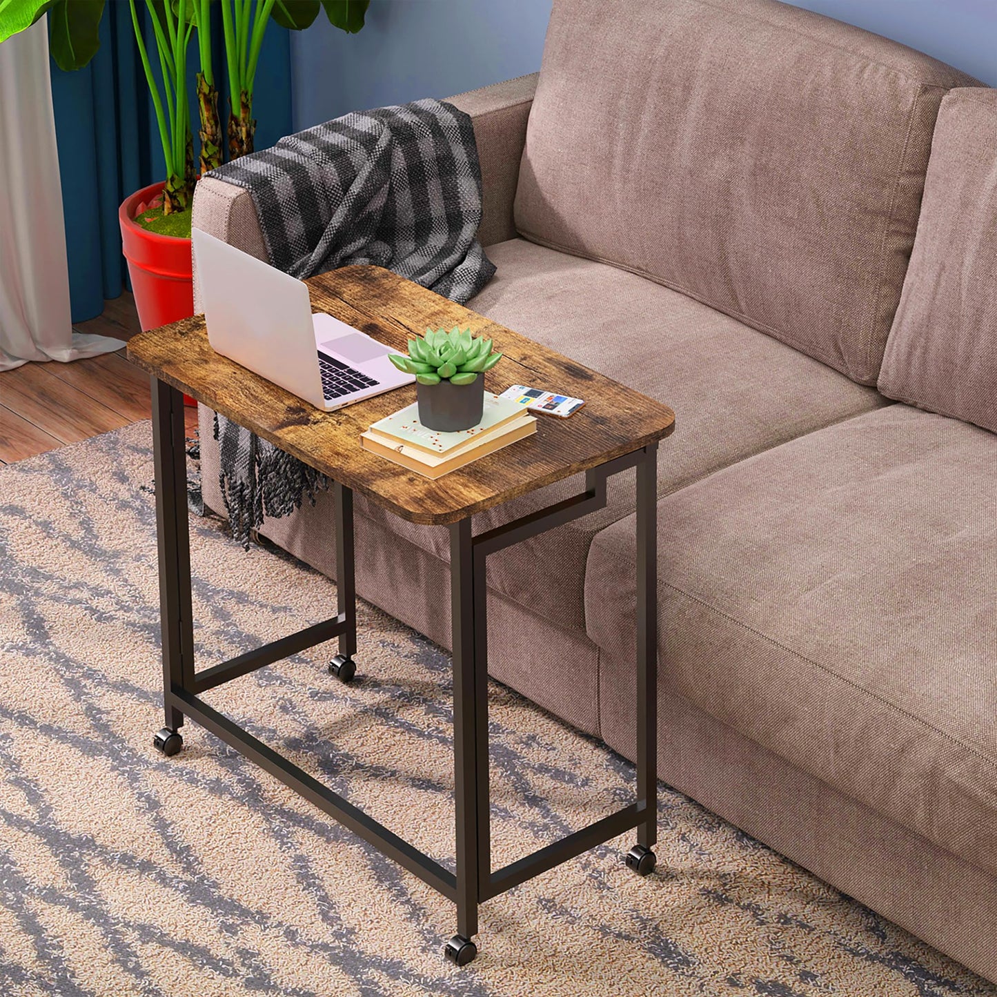 4NM 23.6" Mobile Small Rolling Computer Desk, Folding Laptop Cart Table with Wheels, Portable Office Desk for Small Space Couch Bed - Rustic Brown and Black