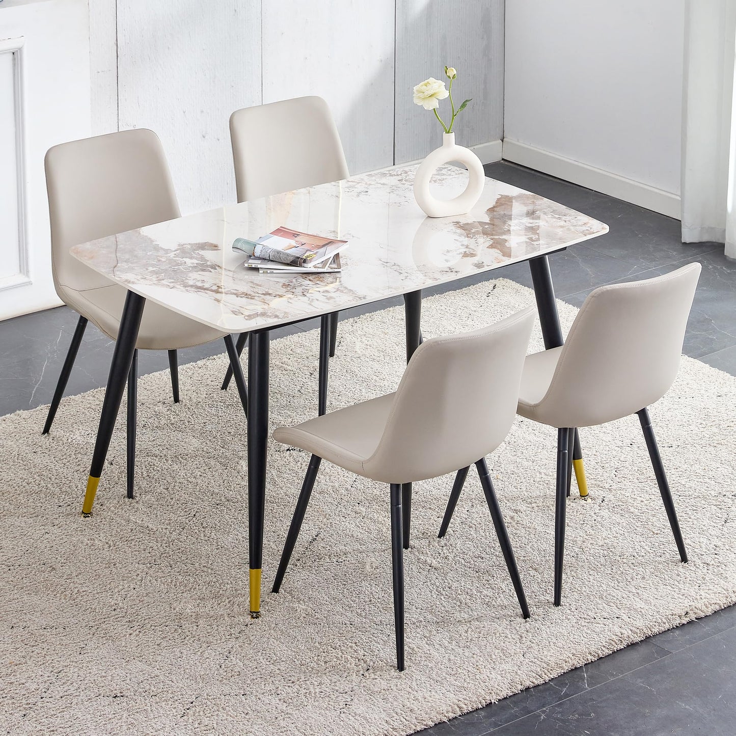 WEKEOT Granite Modern Dining Table Set for 4, 50" Sintered Stone Kitchen Table and 4 Upholstered PU Leather Chair Dining Room Table Set for 4(1Marble Table and Gray Chairs Set of 4)