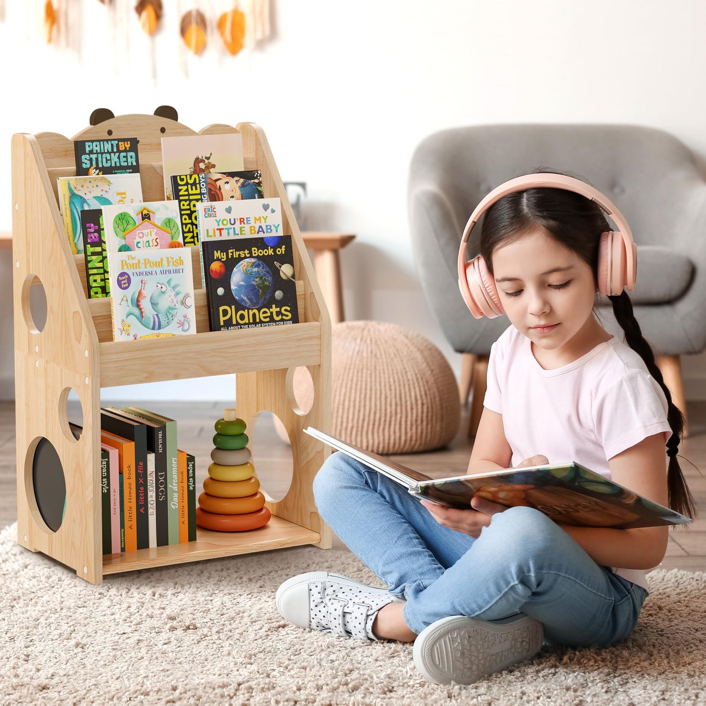 Woodtoe 5 Tier Montessori Bookshelf with Toy Storage, Large Toddler Bookshelf with Chalkboard, Baby Bookcase Book Display Shelve for Kids Bedroom, Nursery, Classroom, Kids Furniture for Boys Girls 1+