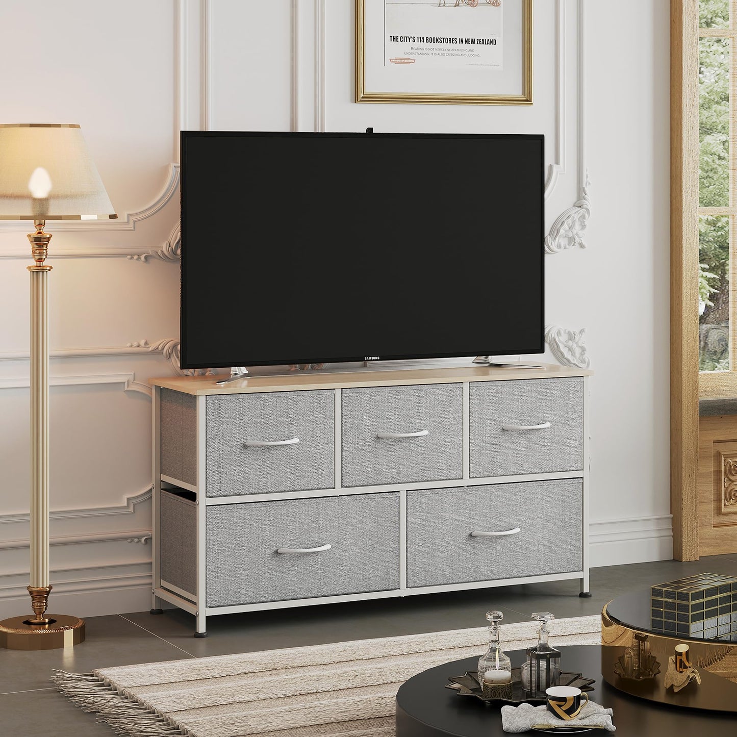 WLIVE Dresser for Bedroom with 5 Drawers, Wide Chest of Drawers, Fabric Dresser, Storage Organization Unit with Fabric Bins for Closet, Living Room, Hallway, Light Grey