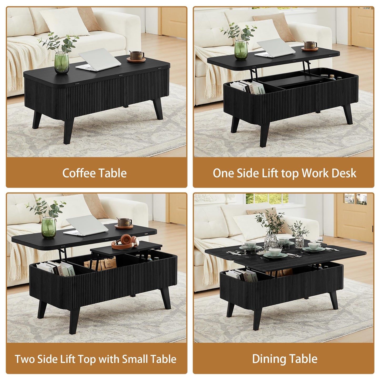 3 in 1 Lift Top Coffee Table, Fluted Convertible Coffee Tables Converts to Dining Tables, Modern Oval Wooden Center Table with Storage for Living Room Office Small Space, Partial Assembly (Black)