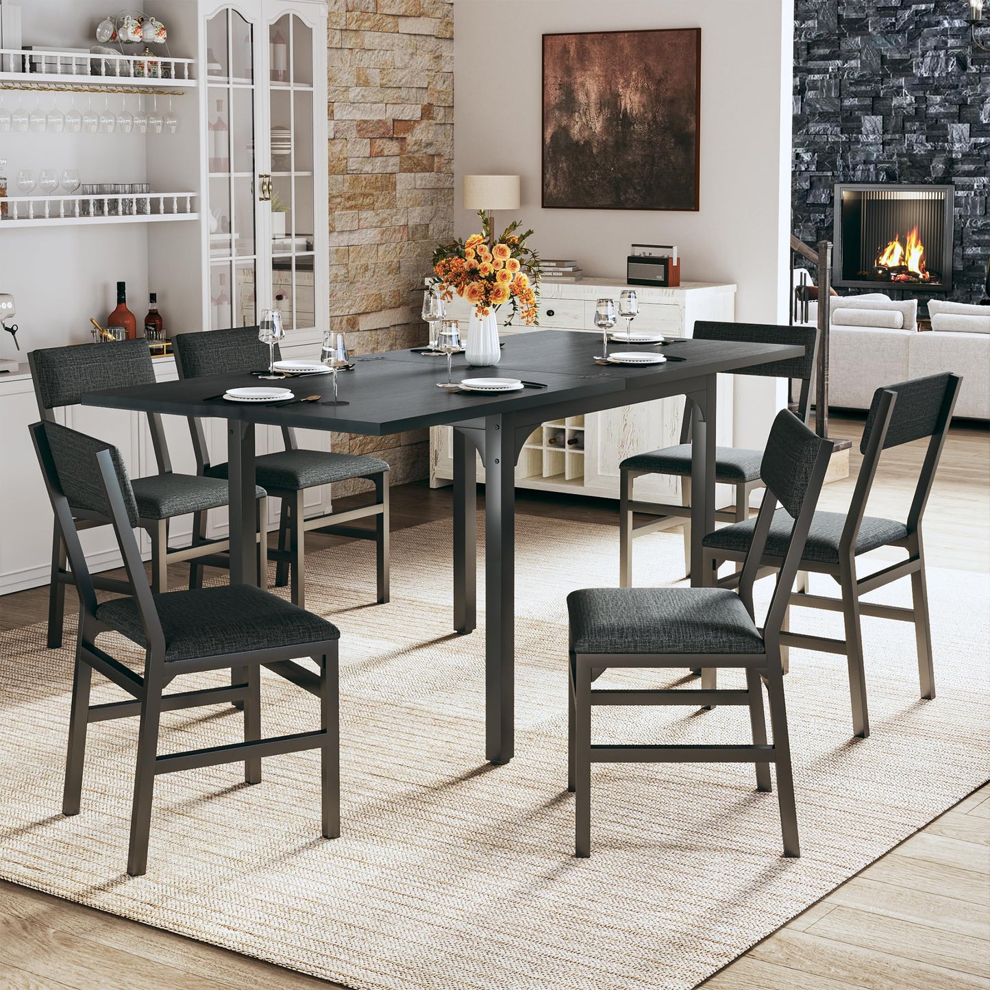 7-Piece Dining Table Set for 4-6, Extendable Kitchen Table Cushion Chairs Set of 6 with 6 Chairs, Rectangle Dining Table with Metal Frame & MDF Board, Folding for Small Apartment Saving Space, Black
