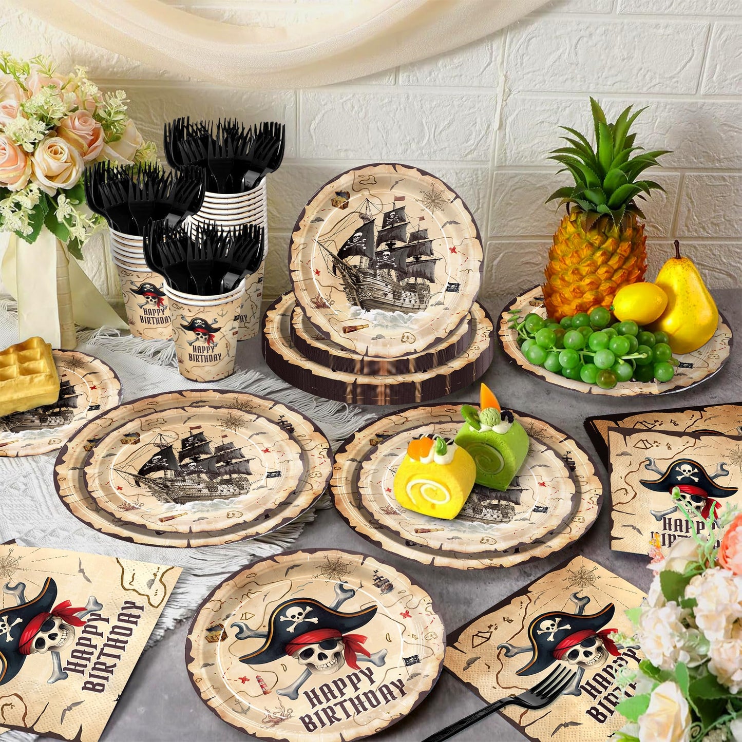 120pcs Pirate Party Supplies Pirate Birthday Plates and Napkins With Paper Cup Treasure Map Napkins Adventure Party Supplies for Pirate Birthday Party Disposable Tableware Set Serve 24 Guests