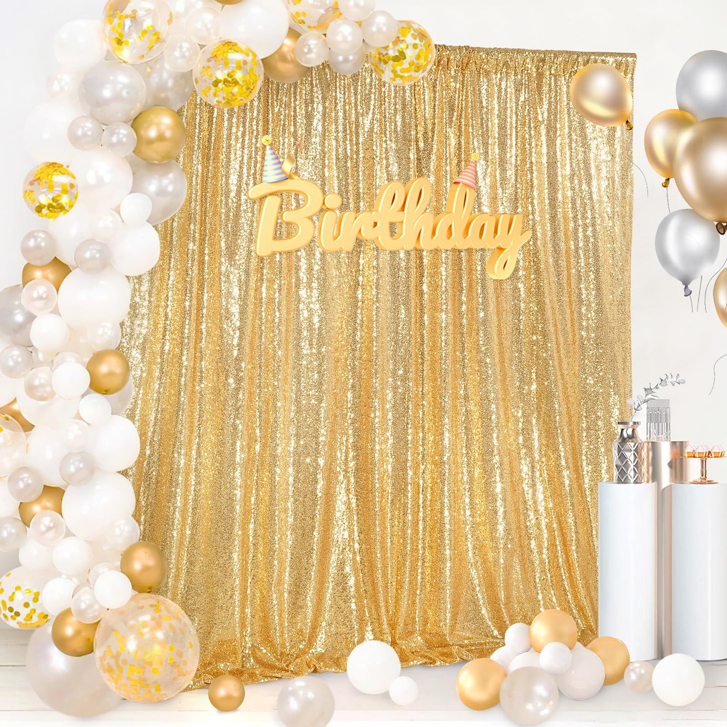 8ft x 8ft Gold Sequin Backdrop Curtain Glitter Photo Booth Backdrop for Wedding Birthday Baby Shower Event Decor