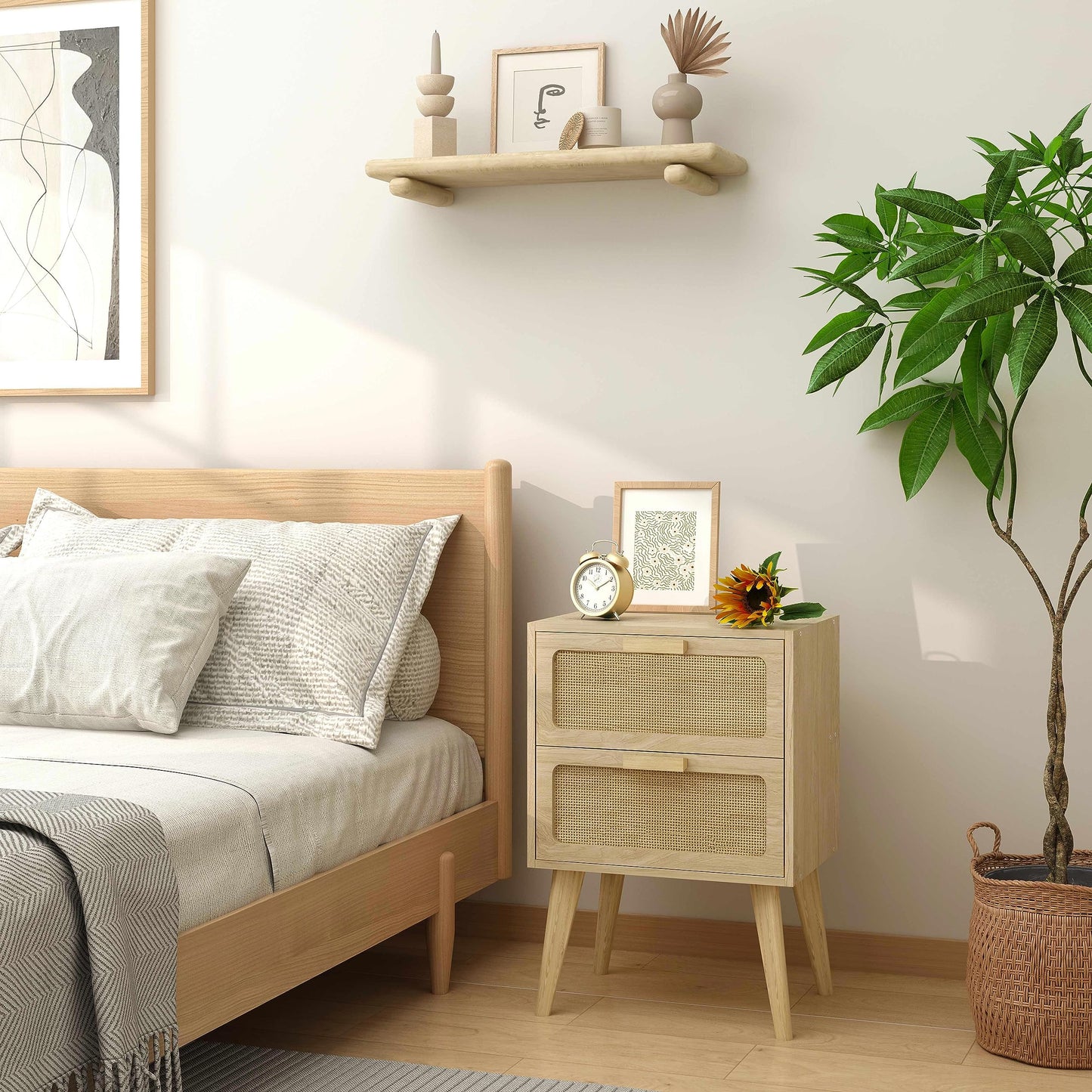 YAUKOMEL Rattan Nightstand,Boho Bedside with Storage,End Table,Side Table with 2 Hand Made Rattan Decorated Drawers for Small Space,Livingroom,Bedroom,Natural 11.8" D x 16" W x 22.4" H CTG59Y