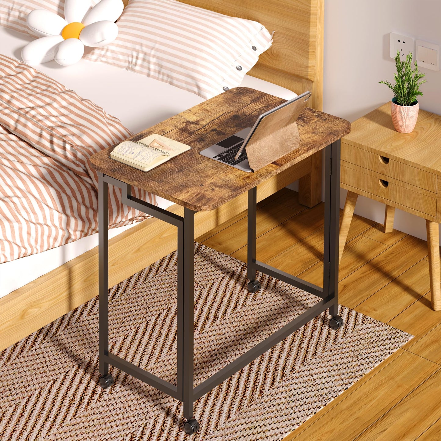 4NM 23.6" Mobile Small Rolling Computer Desk, Folding Laptop Cart Table with Wheels, Portable Office Desk for Small Space Couch Bed - Rustic Brown and Black