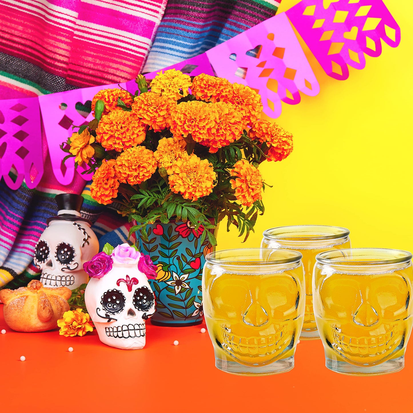 6 Pack - 15 Oz Sugar Skull Glass Summerween Tumblers - Set of 6 Creepy Drinking Cups -15 oz, Witchy Gifts, Spooky Goth Gifts For Women, - Gothic Kitchen Decor, Witchy Barware Skull Jar