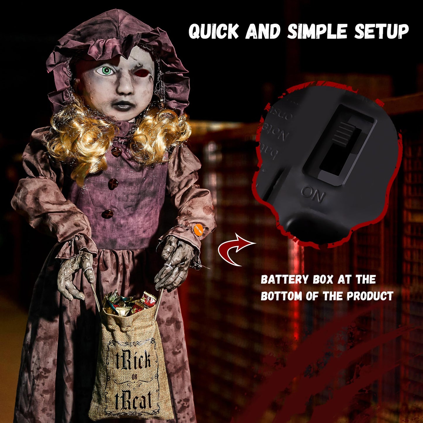4FT Halloween Decorations Outdoor Animatronics Creepy Doll Skull,Sound Touch Activated,Light Up Eyes, Creepy Sound,Scary Halloween Party Prop for Haunted House Holiday,Yard Lawn