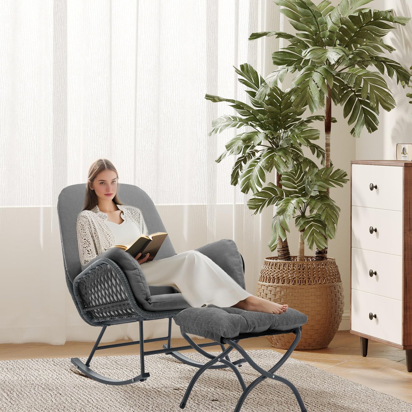 YDcosyfy Outdoor Wicker Rocking Chair with Ottoman, Patio Rocker Chair with Cushions, Steel Frame Support, All-Weather Furniture, for Porch, Balcony, Indoor