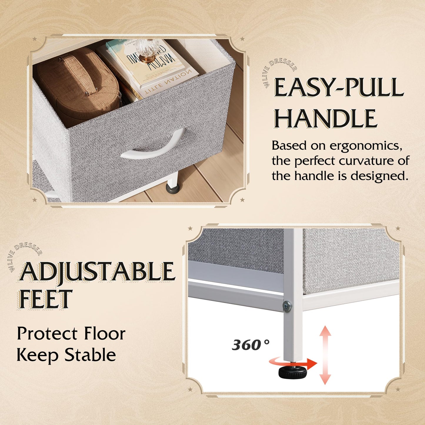 WLIVE Dresser for Bedroom with 5 Drawers, Wide Chest of Drawers, Fabric Dresser, Storage Organization Unit with Fabric Bins for Closet, Living Room, Hallway, Light Grey