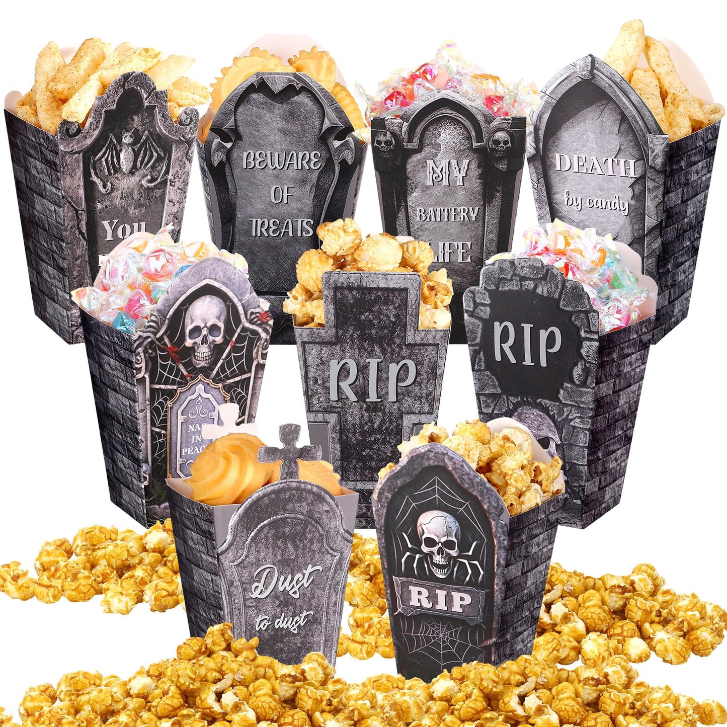 Weekgrat 90 Pcs 9 Styles Halloween Popcorn Boxes Cardboard Popcorn Bags Snack Boxes Spooky Treat Bags for Candy Biscuits Halloween Party Favors(Tombstone)