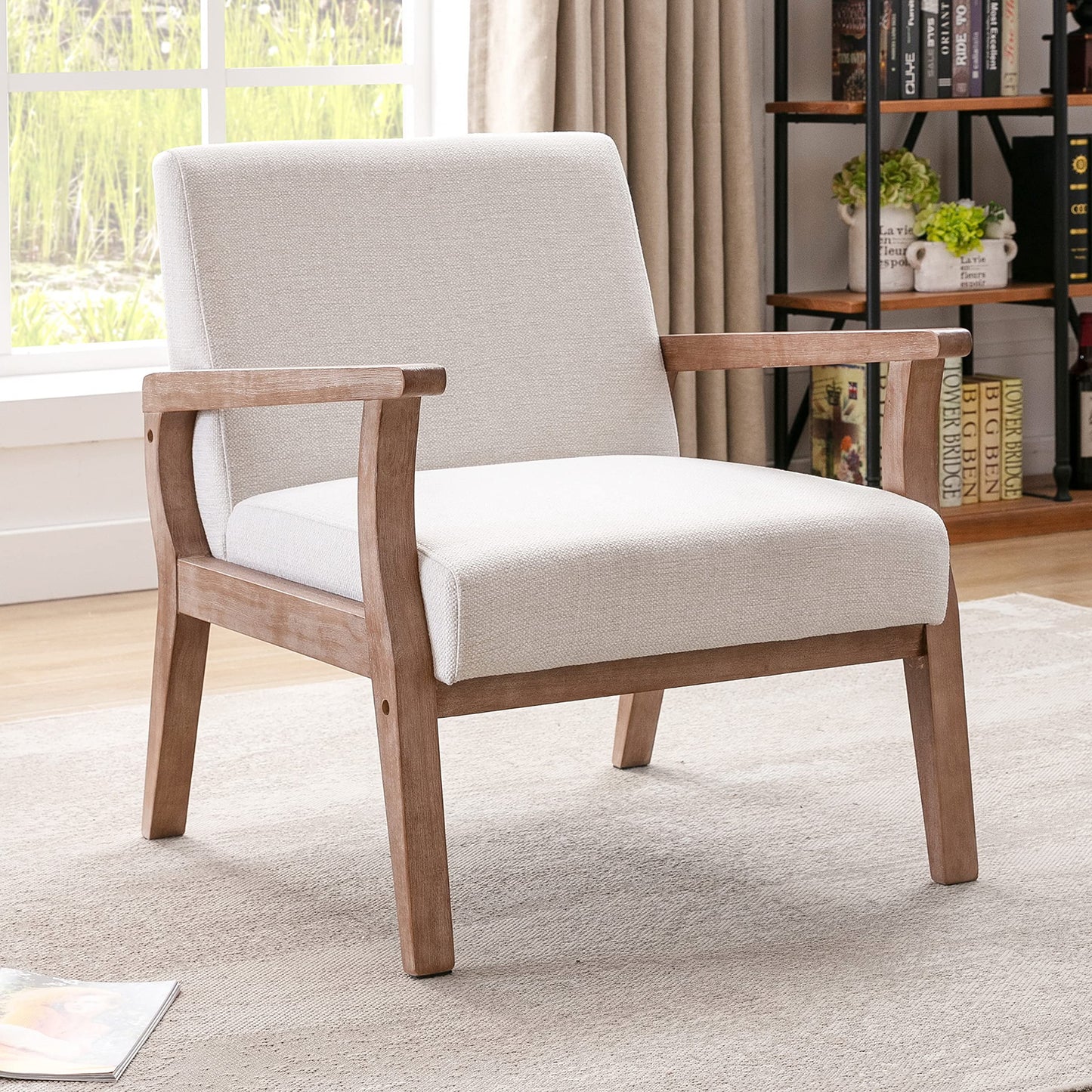 Wahson Comfy Living Room Chairs Set of 2, Linen Upholstered Accent Chairs, Farmhouse Armchairs with Natural Wood Frame, Oversized Decorative Chair for Bedroom, Beige