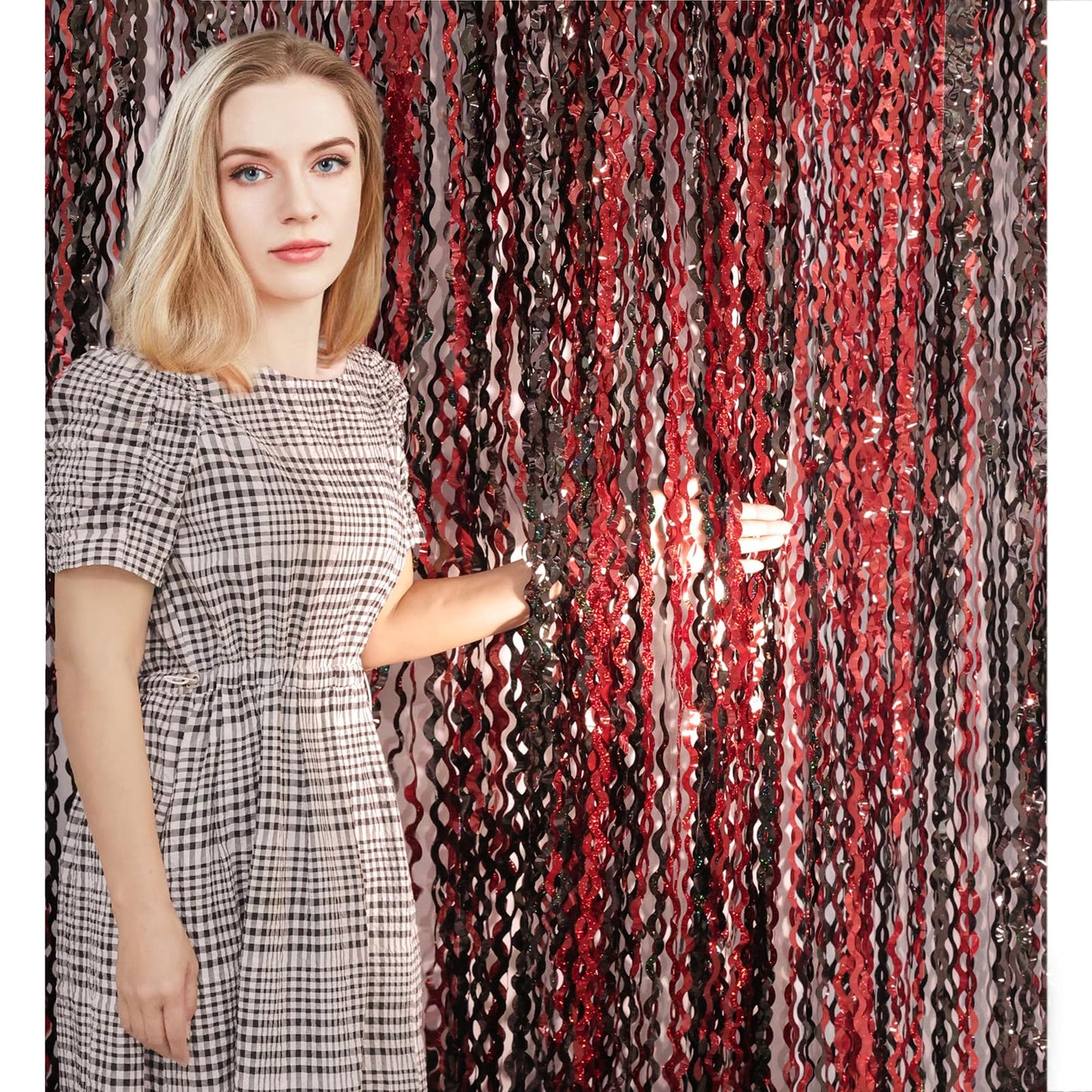 4 Pack 3.3x6.6 ft Red and Black Foil Fringe Backdrop Curtains - Wavy Tinsel Streamers Birthday Birthay Decorations, Fringe Backdrop for Graduation, Xmas, Disco Party