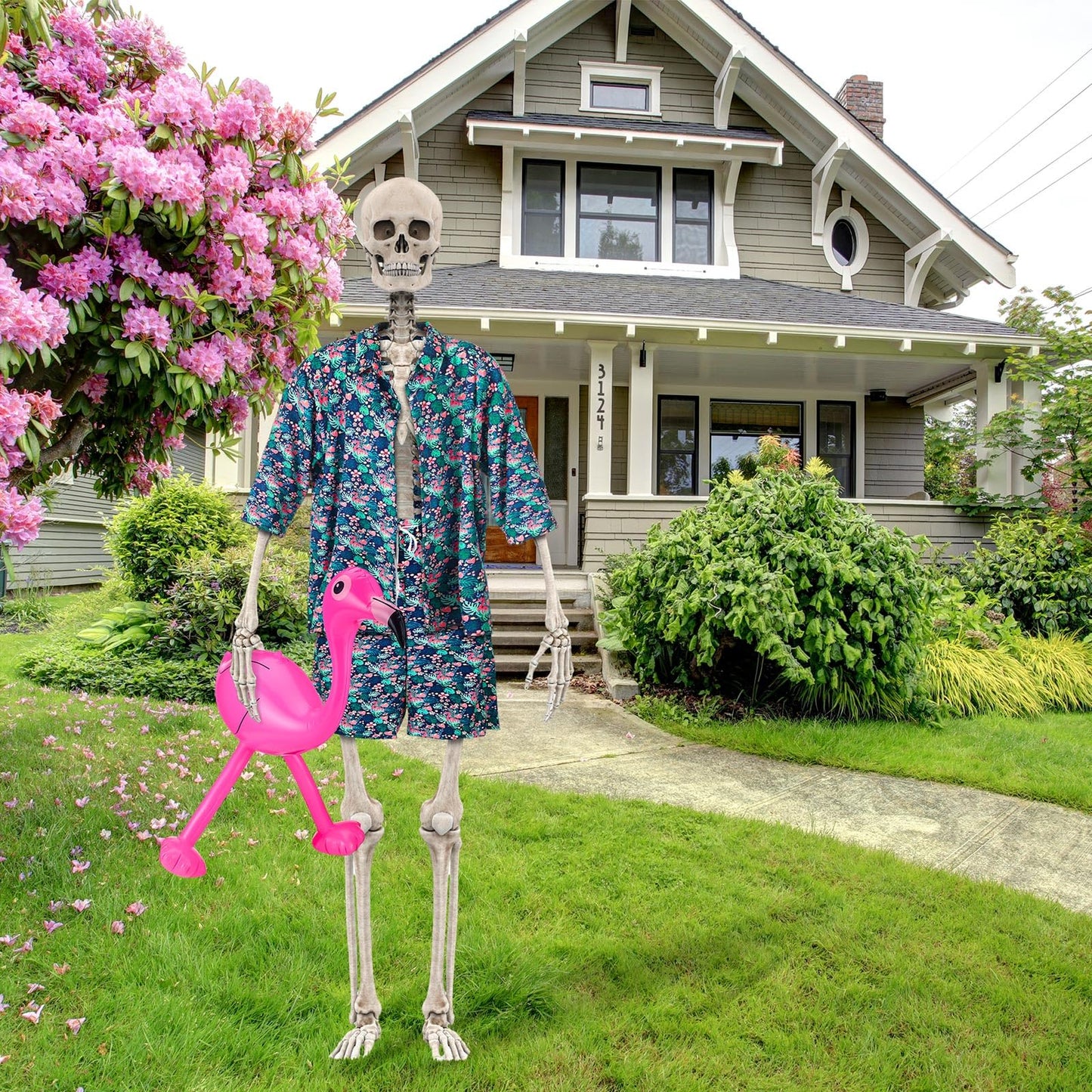 3 Pcs Hawaiian 12 ft Giant Skeleton Costume Accessories Set Includes Tropical Print Vest Shirt Shorts and Inflatable Flamingo for Summer Luau Party Garden Lawn Outdoor Decor (Skeleton Not Included)