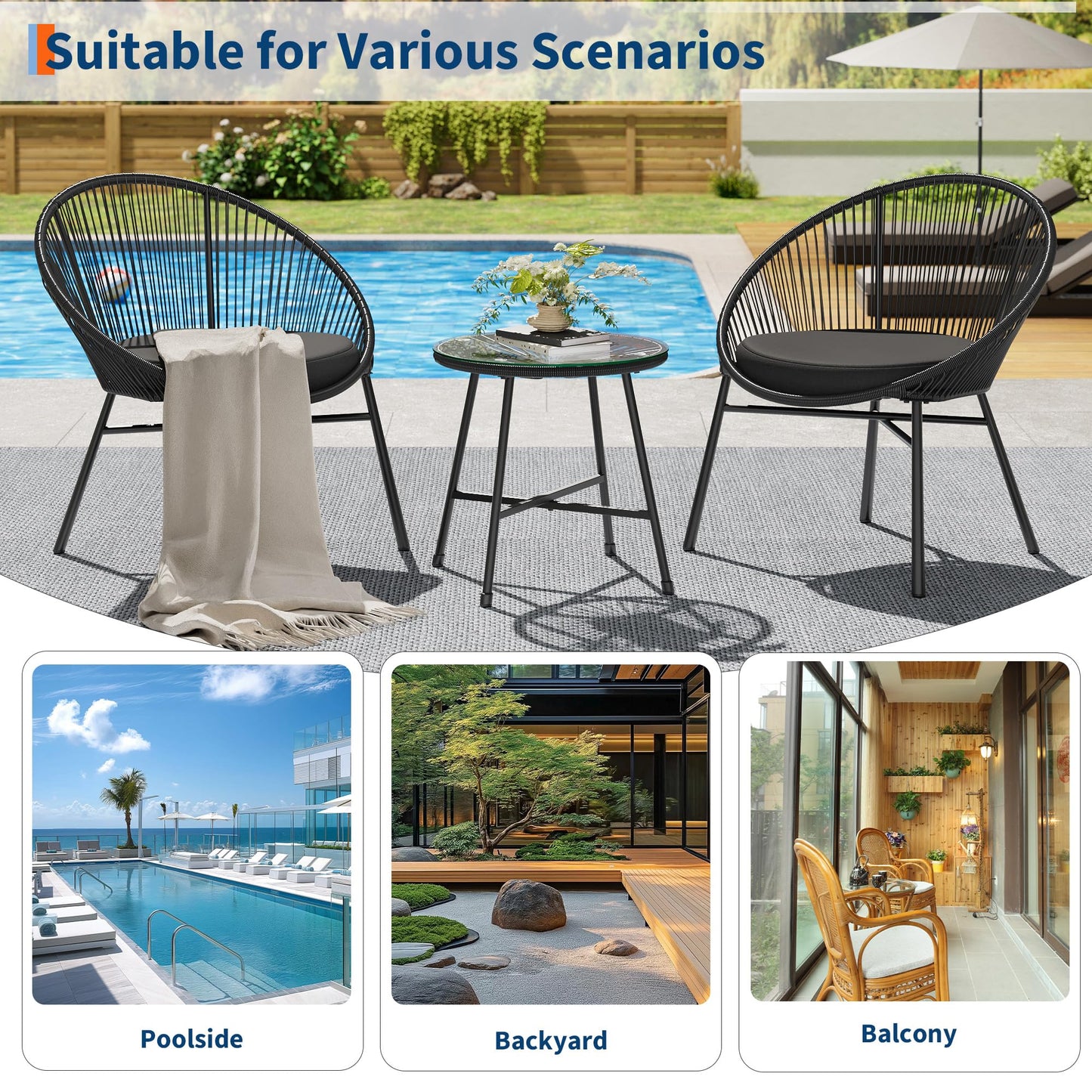 3 Piece Patio Bistro Set, Outdoor Acapulco Chairs Set of 2 with Glass Top Table, All Weather Modern Patio Chairs with Cushions, Patio Conversation Bistro Set for Deck, Backyard, Balcony, Porch, Black