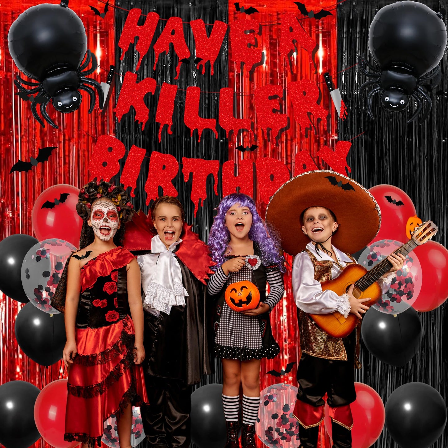 Vlipoeasn Have a Killer Birthday Decorations, Black Red Halloween Birthday Glitter Banner, Balloons, Blood Knife Cake Toppers for Halloween Decorations Supplies, Horror Backdrop Party Decor