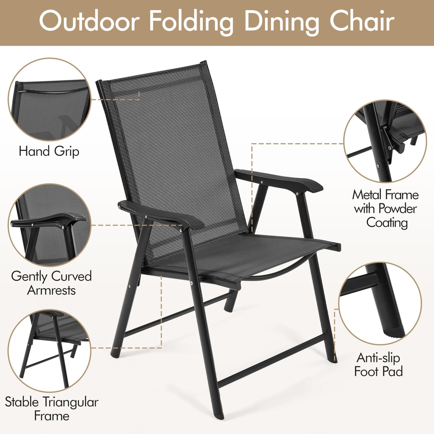 Yaheetech Patio Dining Chairs Set of 4 with Armrests, Outdoor Folding Chairs with Metal Frame and Backrest for Lawn, Garden, Yard and Poolside, Black