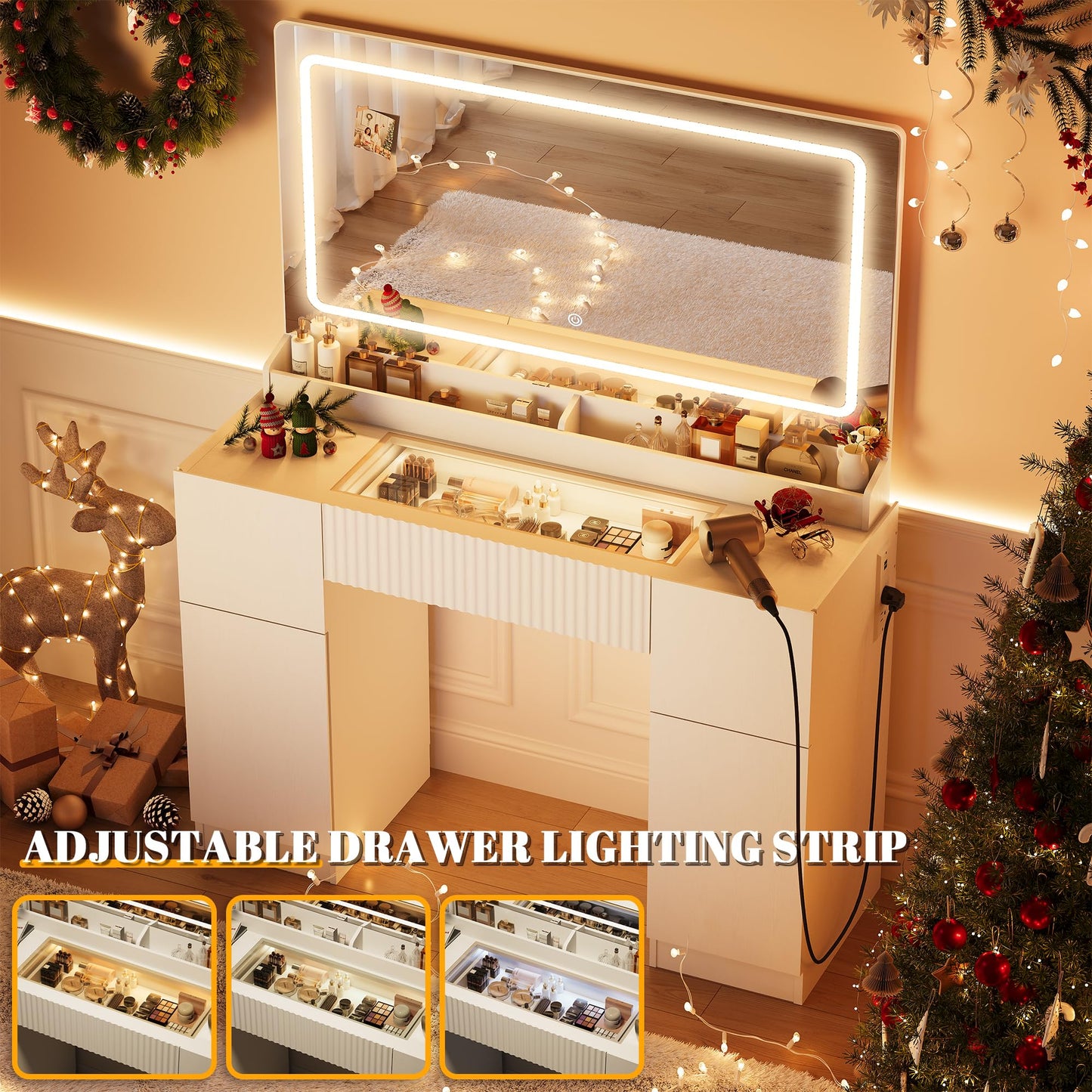 44" Vanity Desk with Large Mirror and Lights, Modern Glass Top Makeup Vanity Set with Power Outlet, 3 Drawers and 2 Cabinet, 3 Lighting Color Adjustable Dressing Table for Bedroom,Pure White