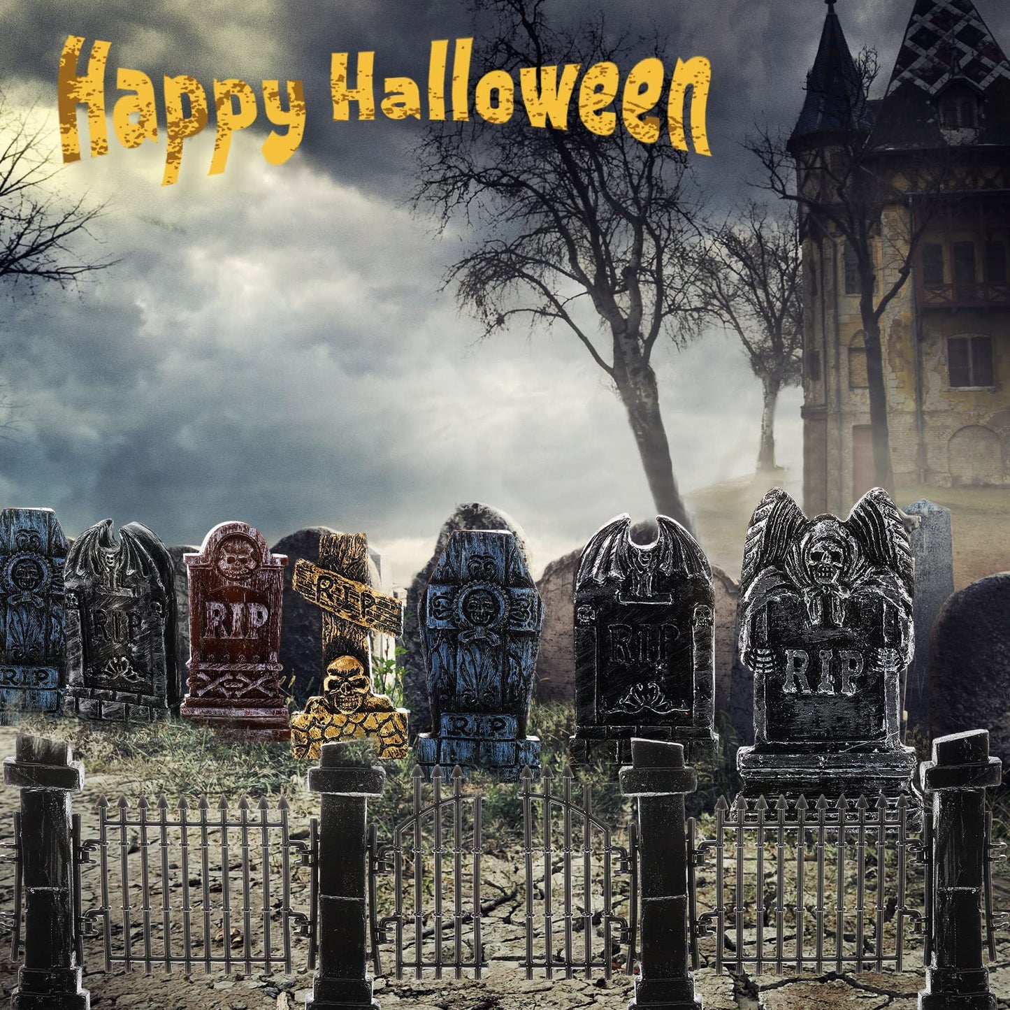7 Pcs Halloween Miniature Tombstones Decorations Spooky Miniature Fence Figurine Mini Cemetary Headstones Haunted Halloween Graveyard Decorations Halloween Cemetery Fence Rip Graveyard Tombstone