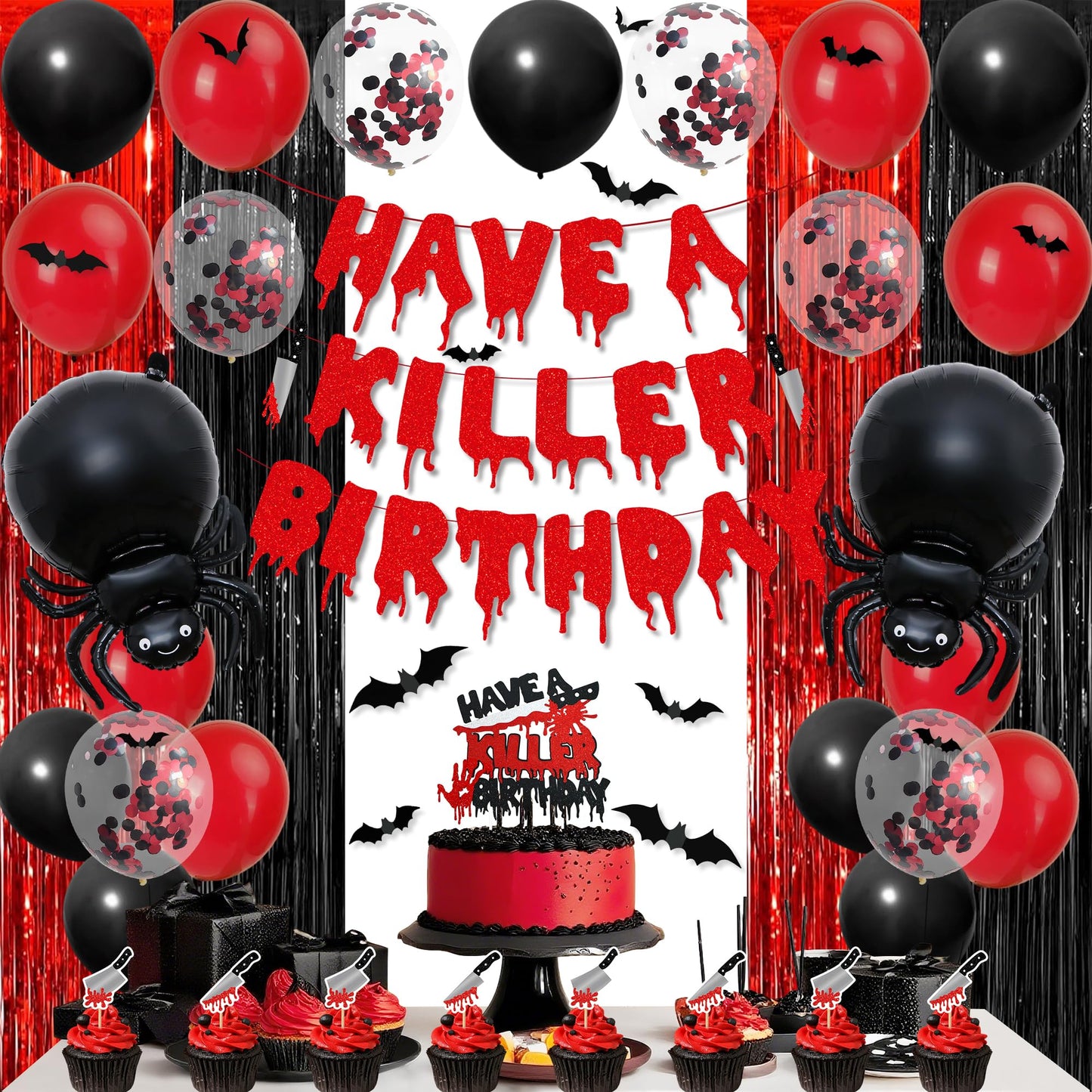 Vlipoeasn Have a Killer Birthday Decorations, Black Red Halloween Birthday Glitter Banner, Balloons, Blood Knife Cake Toppers for Halloween Decorations Supplies, Horror Backdrop Party Decor
