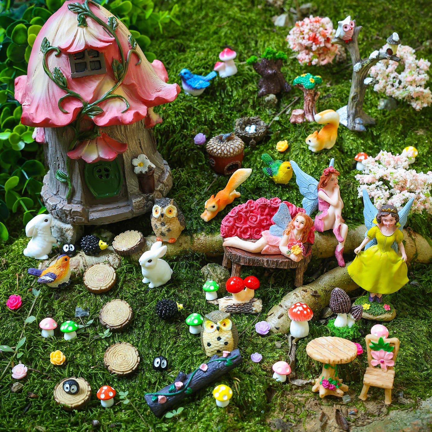 93 Pcs Fairy Garden House Resin Accessories Fairy Elves Kit Miniature Fairy Figurines Ornaments Animals Decor Outdoor for DIY Dollhouse