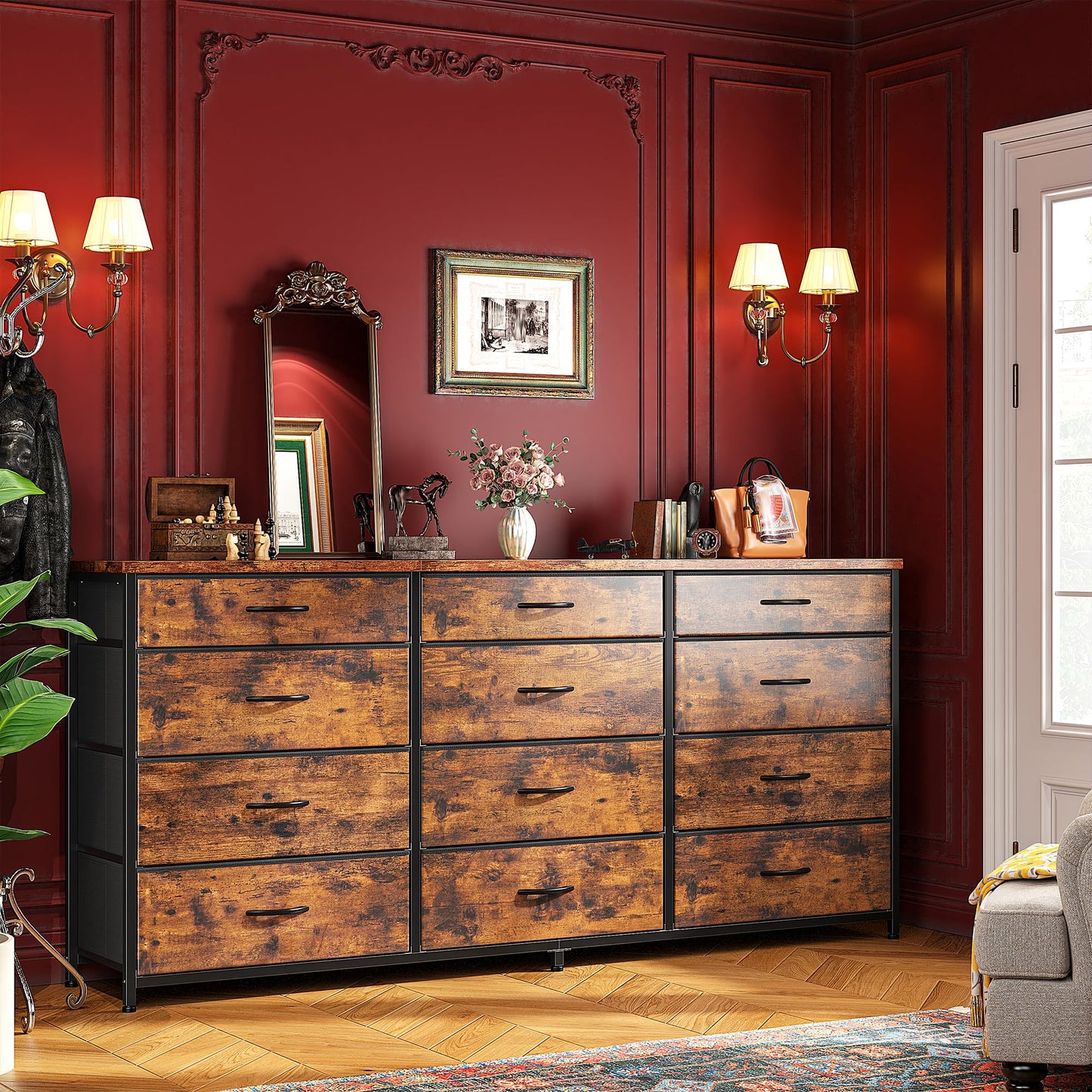 55" Dresser for Bedroom with 12 Fabric Drawers, Entertainment Center for 60 inch TV Dressers & Chests of Drawers Large Storage Organizer for Closet, Living Room, Metal Frame, Wood Top, Rustic Brown