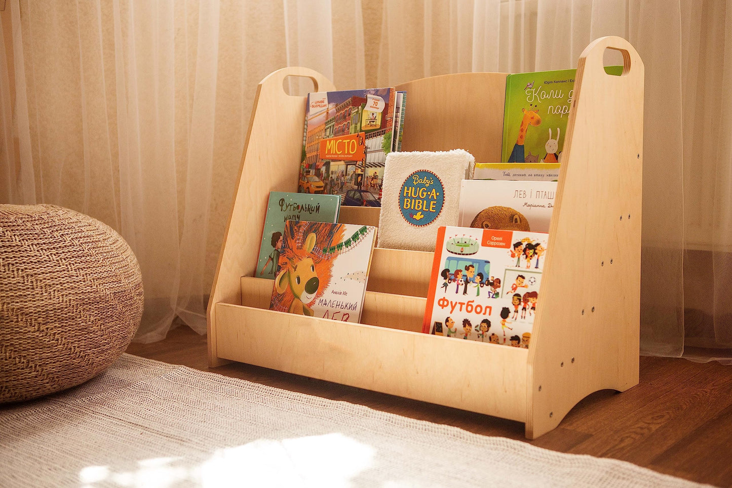 WOOD&ROOM Wooden Kids Bookcase - Book Organizer for Kids Room - Nursery Bookshelf - Floor Bookshelf - Childrens Bookcase and Display Rack - Front Facing Montessori for Toddlers