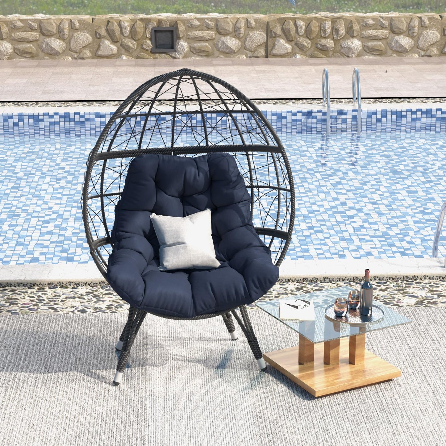 wallowsun Oversize Wicker Egg Chair, Outdoor Indoor Egg Basket Lounge Chair w Large Cushion for Patio Backyard Garden Living Room (Blue)