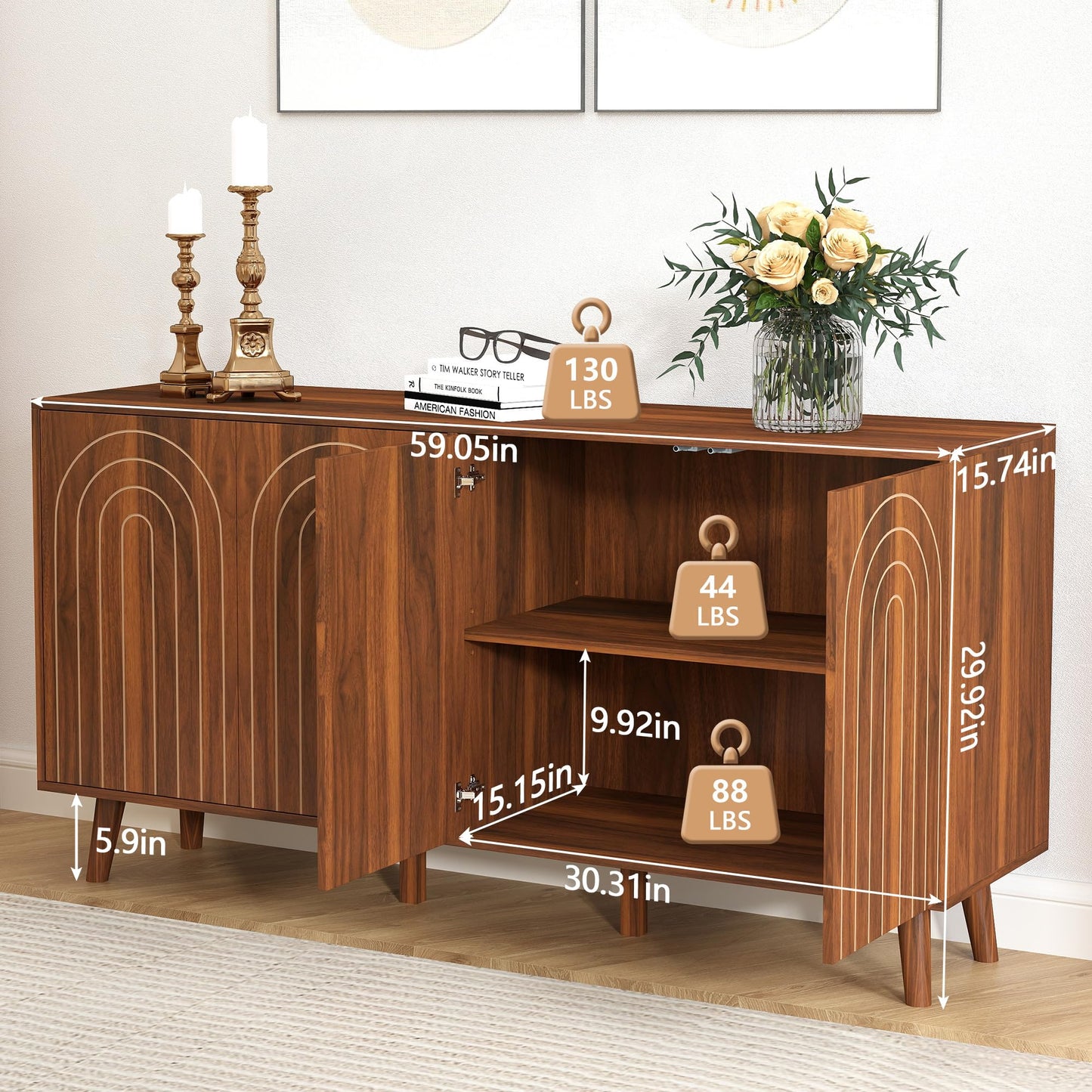 weselon 59" Buffet Cabinet with Storage, Modern Accent Sideboard Storage Cabinet with 4 Doors & Carving Lines, Wooden Coffee Bar Table Console for Living Room Kitchen Office and Hallway (Walnut)