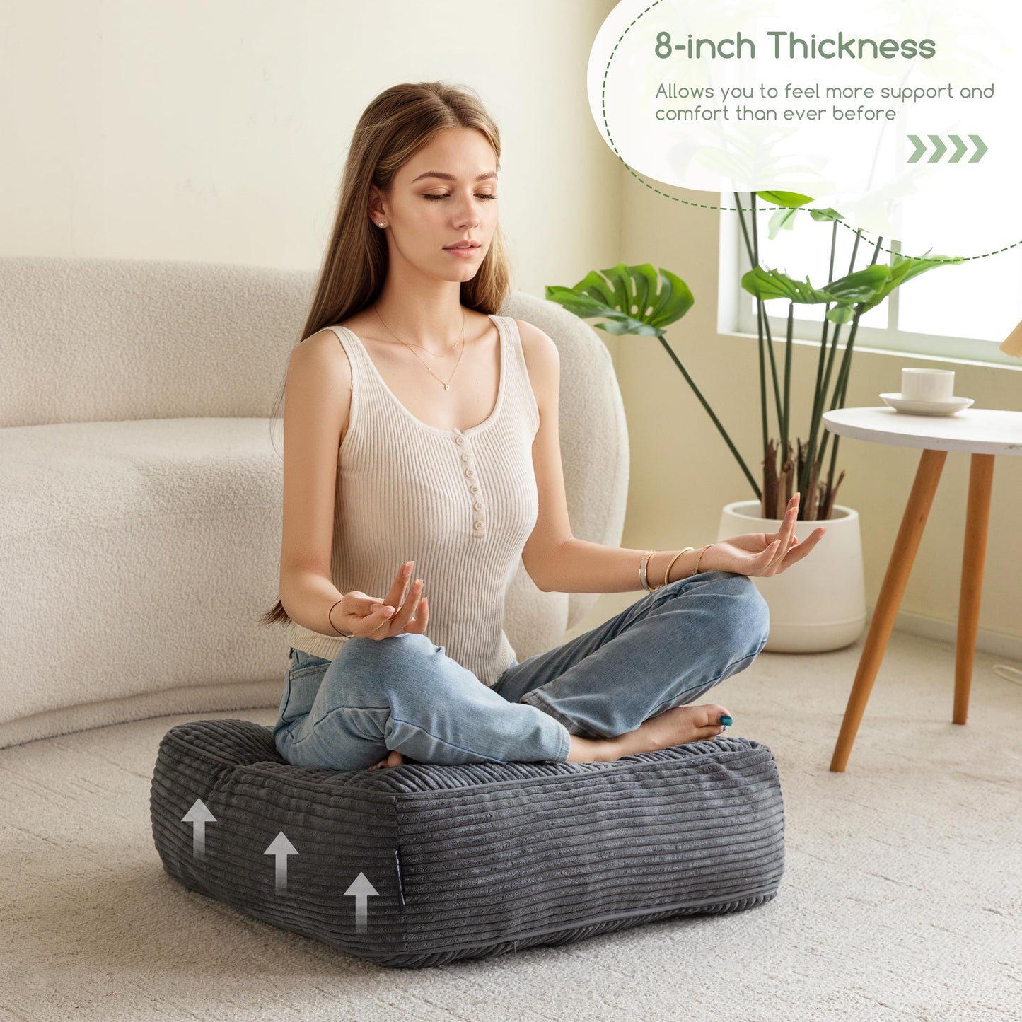 8" Washable Floor Pillow Cushion for Adults, Meditation Cushion Pillow, Large Square Floor Sitting, Removable Tufted Corduroy Cover, for Tatami Living Room or Yoga, 22x22 Inch, Machine Washable