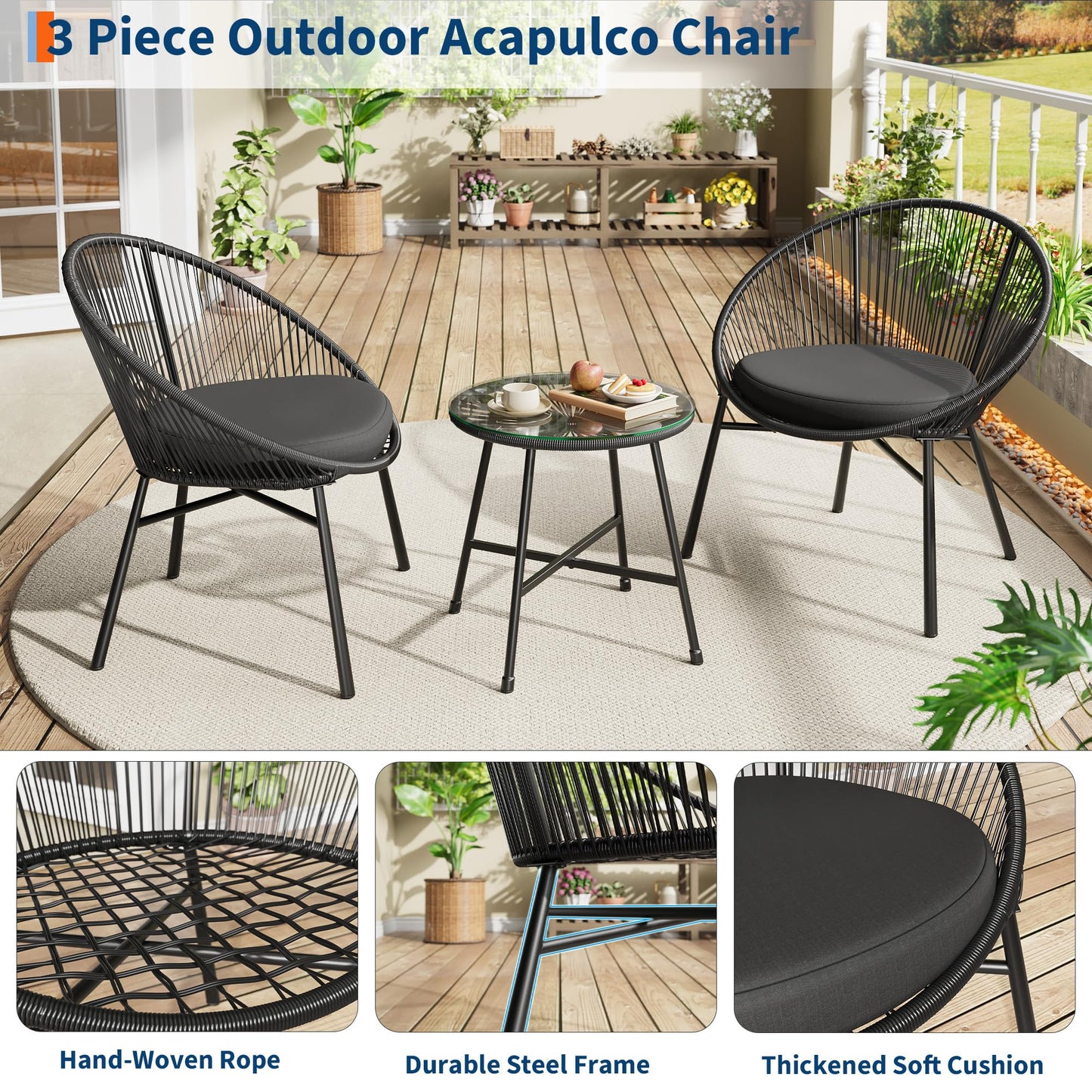 3 Piece Patio Bistro Set, Outdoor Acapulco Chairs Set of 2 with Glass Top Table, All Weather Modern Patio Chairs with Cushions, Patio Conversation Bistro Set for Deck, Backyard, Balcony, Porch, Black