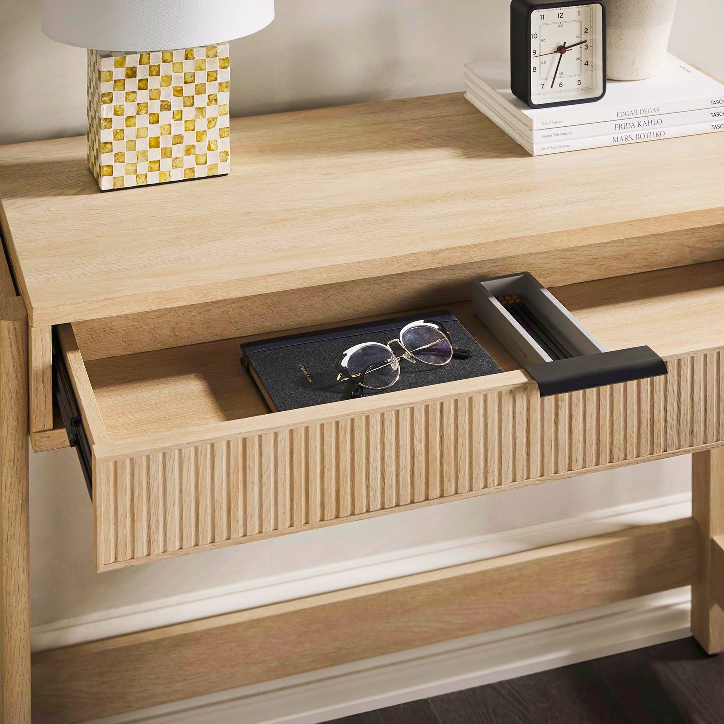 Walker Edison Transitional Office Design, Reeded Drawer Front Detail, Writing Desk with Drawer, Spacious Desktop, Complementary in Living Spaces, 38”W x 16.75”D x 30”H, Coastal Oak