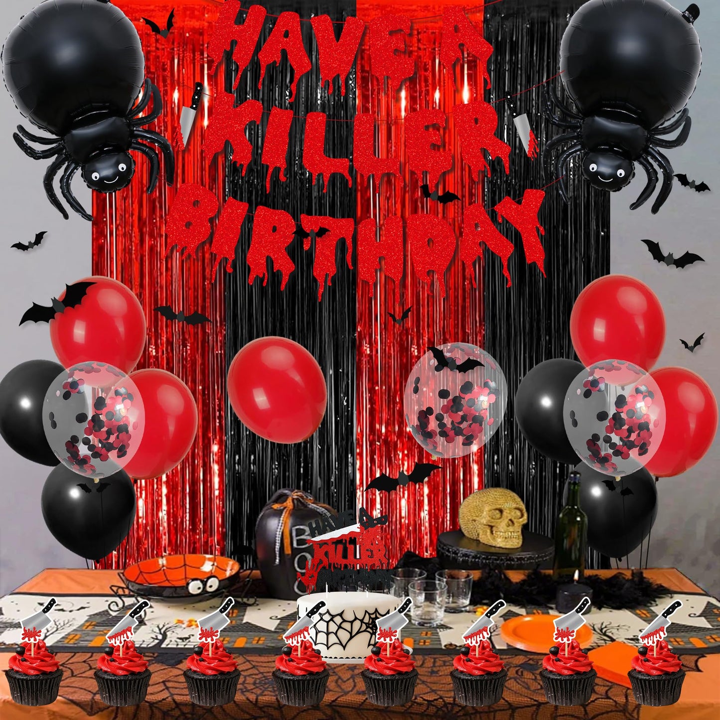Vlipoeasn Have a Killer Birthday Decorations, Black Red Halloween Birthday Glitter Banner, Balloons, Blood Knife Cake Toppers for Halloween Decorations Supplies, Horror Backdrop Party Decor