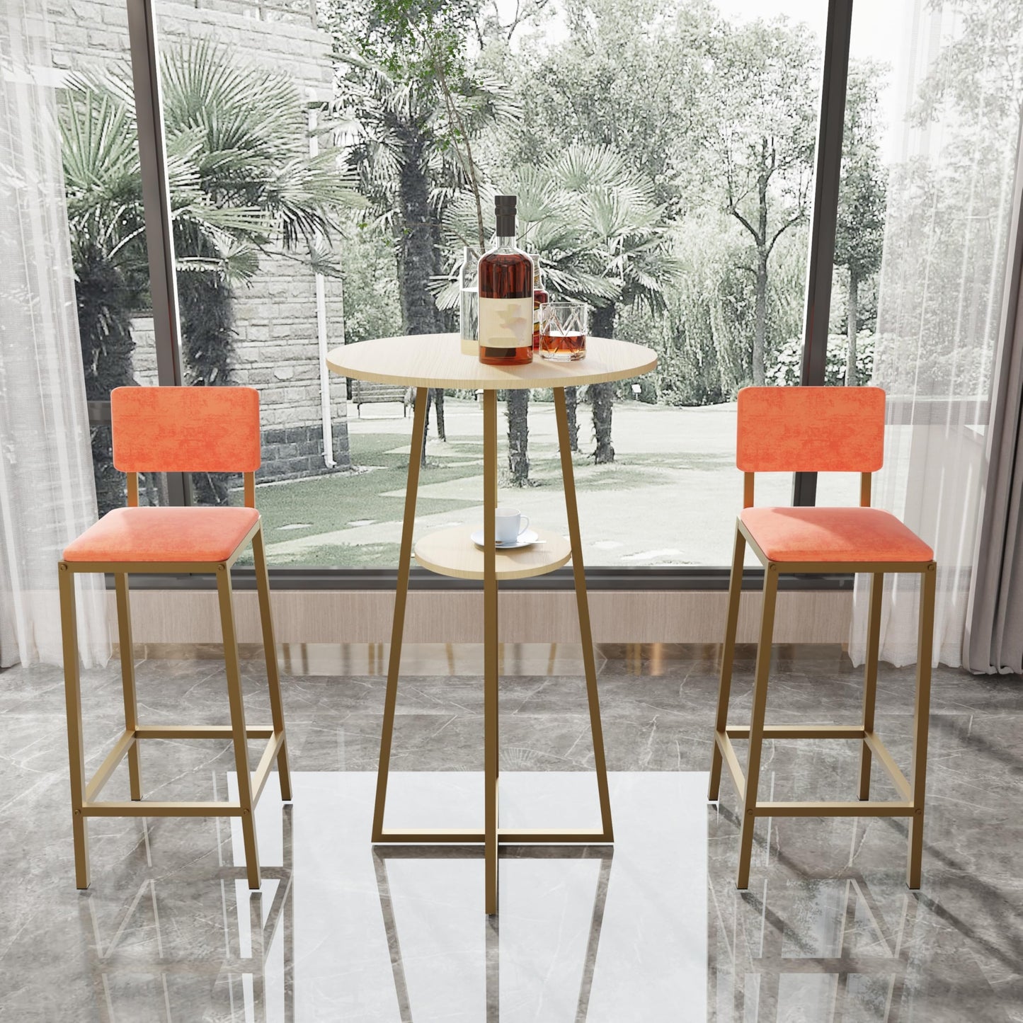 3 Piece Round Bar Table Set with Storage Shelves, Metal Pub Table Set with Upholstered Stools for 2, Save Space, Beige+Gold+Orange