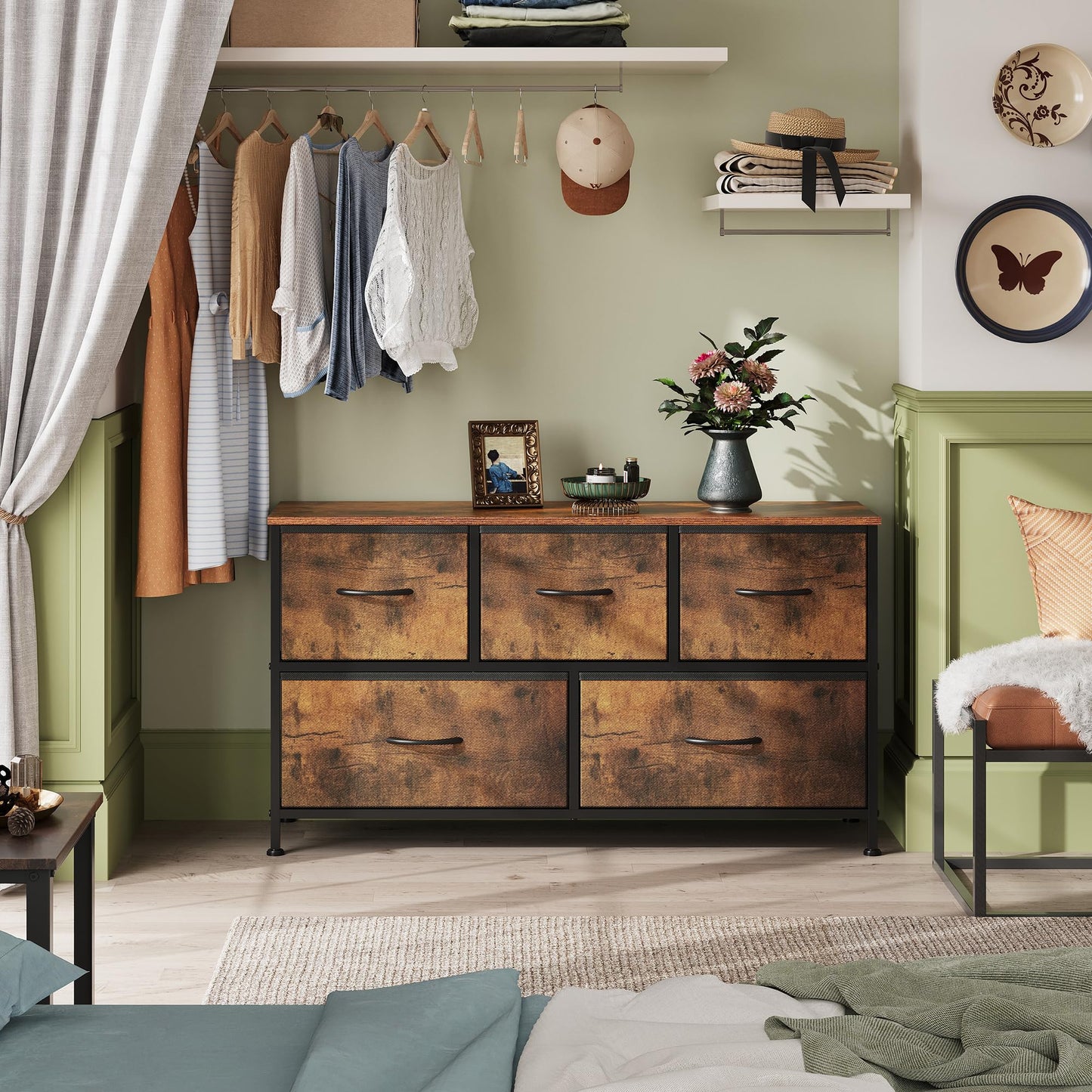 WLIVE Dresser for Bedroom with 5 Drawers, Wide Chest of Drawers, Fabric Dresser, Storage Organizer Unit with Fabric Bins for Closet, Living Room, Hallway, Rustic Brown Wood Grain Print