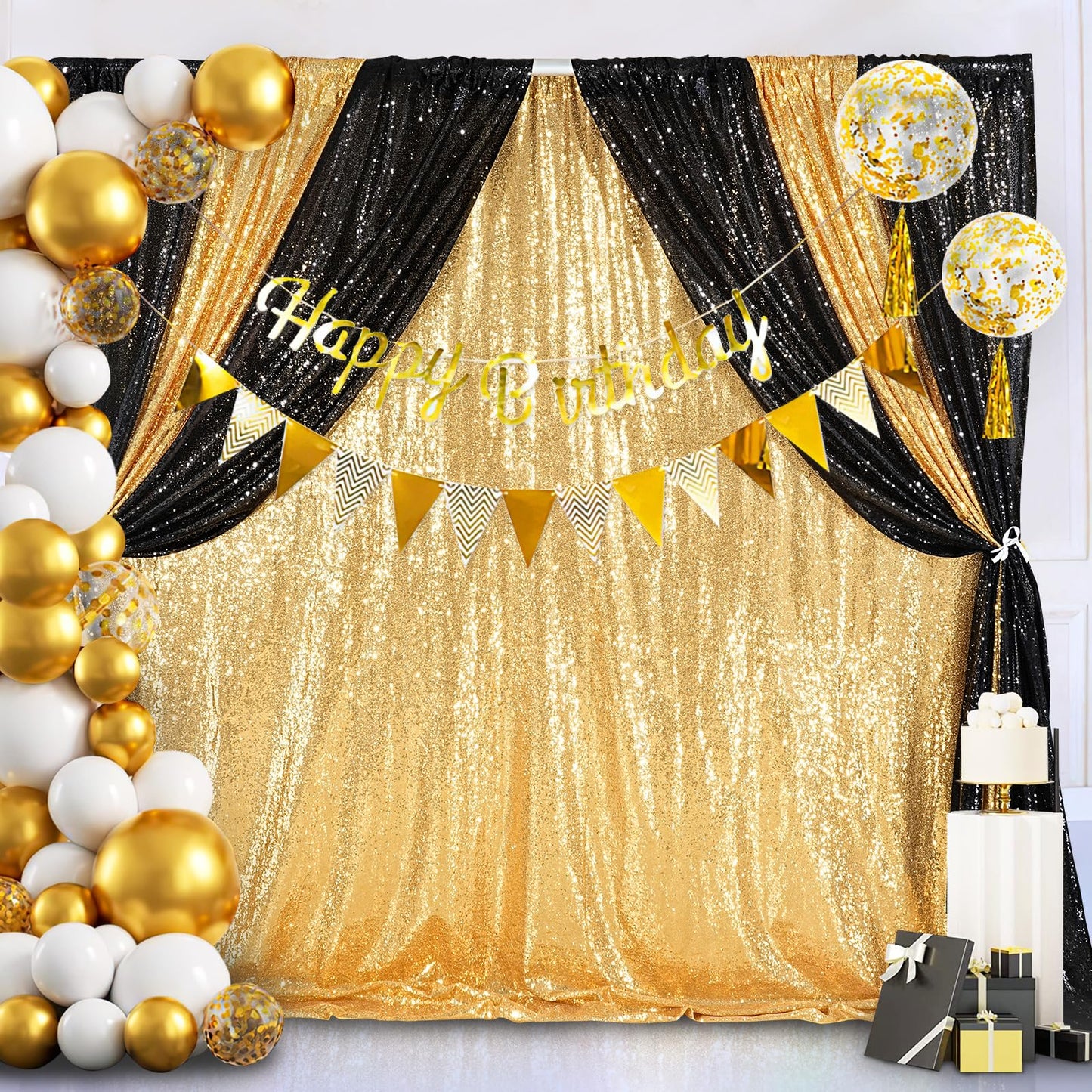 8ft x 8ft Gold Sequin Backdrop Curtain Glitter Photo Booth Backdrop for Wedding Birthday Baby Shower Event Decor