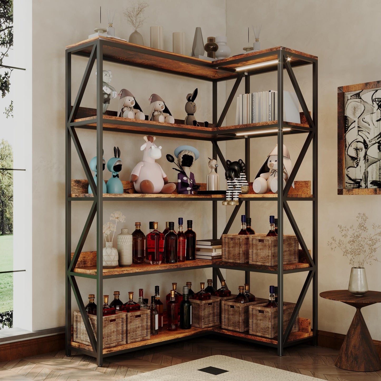 5 Tier Bookshelves with LED Plant Grow Lights, Convertible Corner Bookshelf with Baffles, 70" Tall Industrial Bookcase, Display Shelf, Wood Shelves with Metal Frame for Living Room Bedroom Home Office