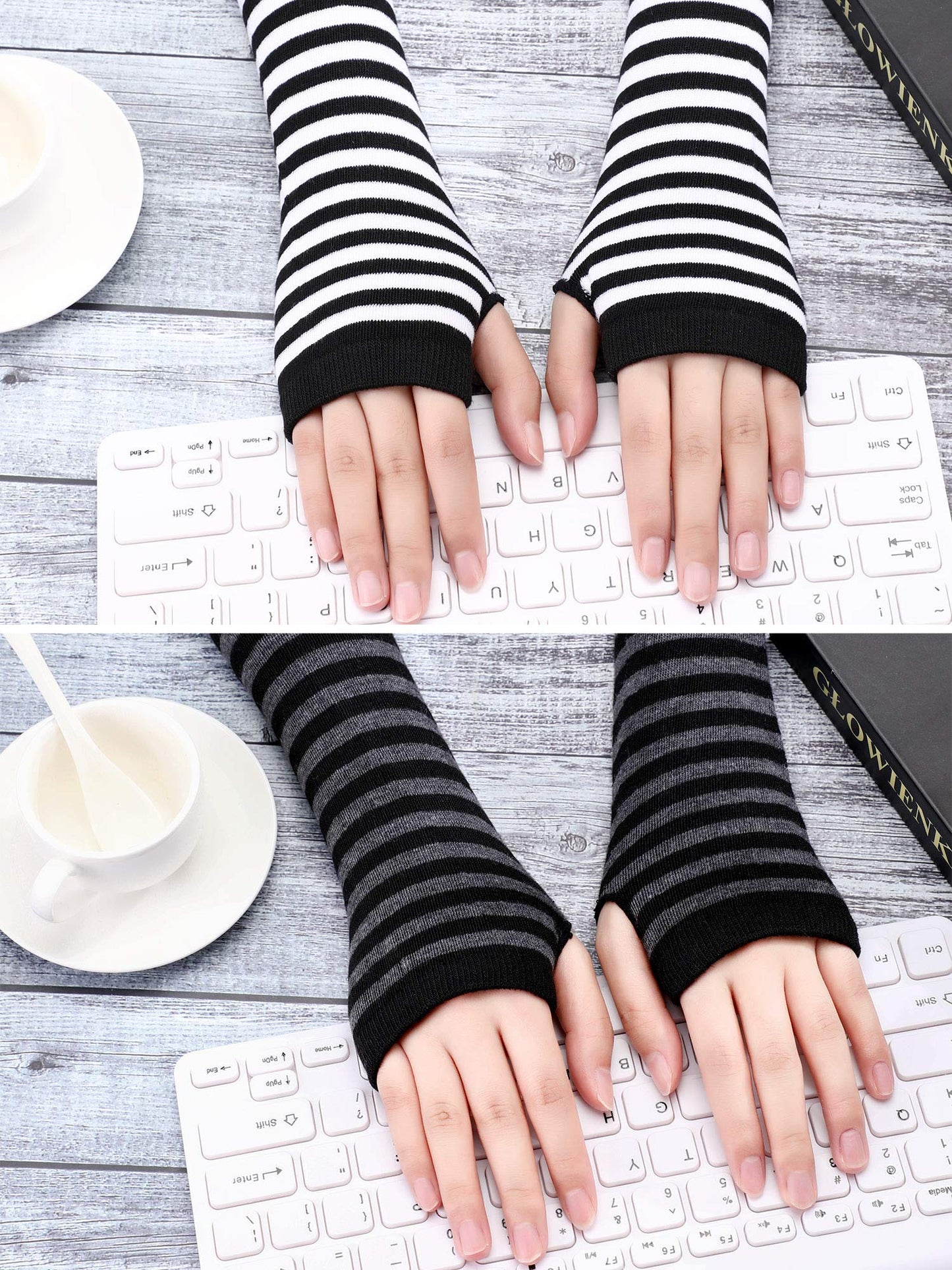 4 Pairs Women's Knit Arm Warmers - Long Fingerless Gloves, Elbow Length, Thumb Hole - Winter (Black, Grey, Blue, Coffee)
