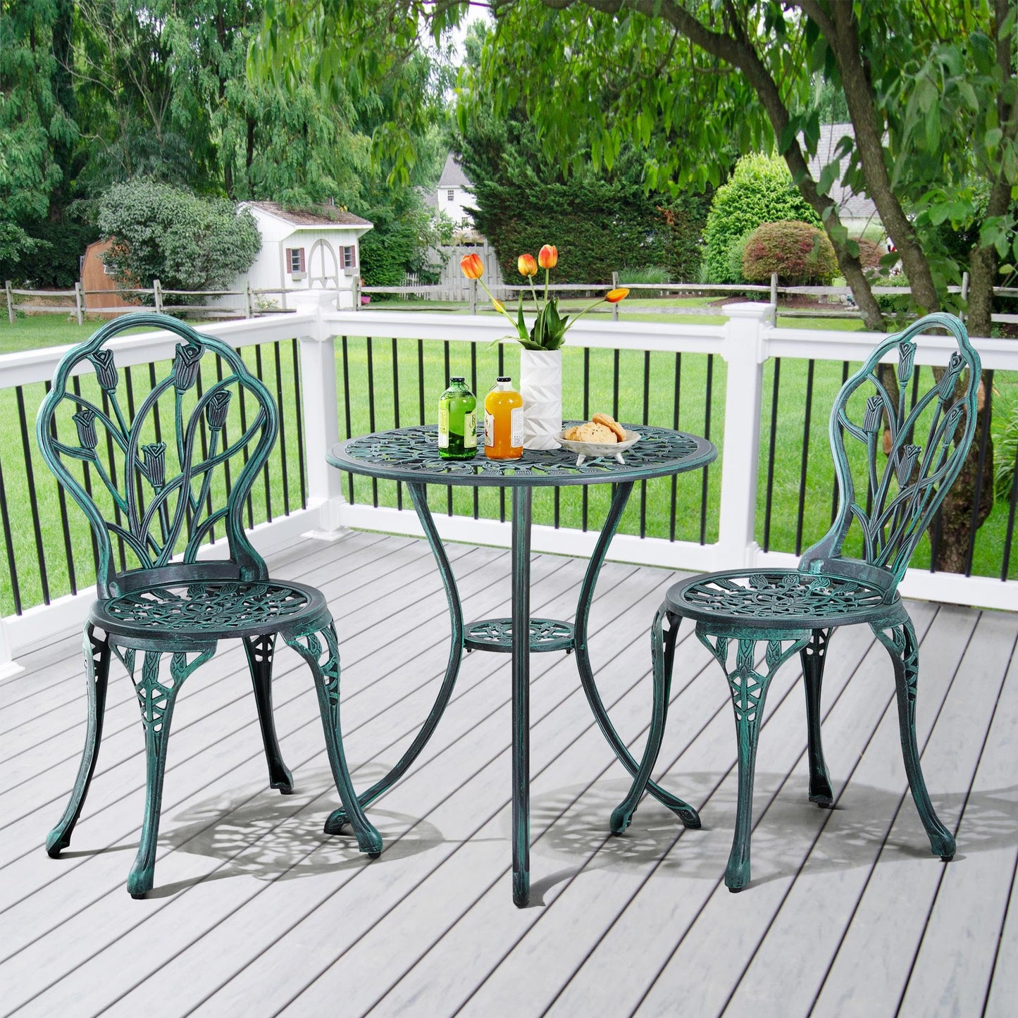 Yaheetech Patio Bistro Sets 3 Piece Cast Aluminum Bistro Table and Chairs Set, Cast Aluminum Bistro Table and Chairs Set of 2 with Umbrella Hole for Patio Backyard Balcony, Green