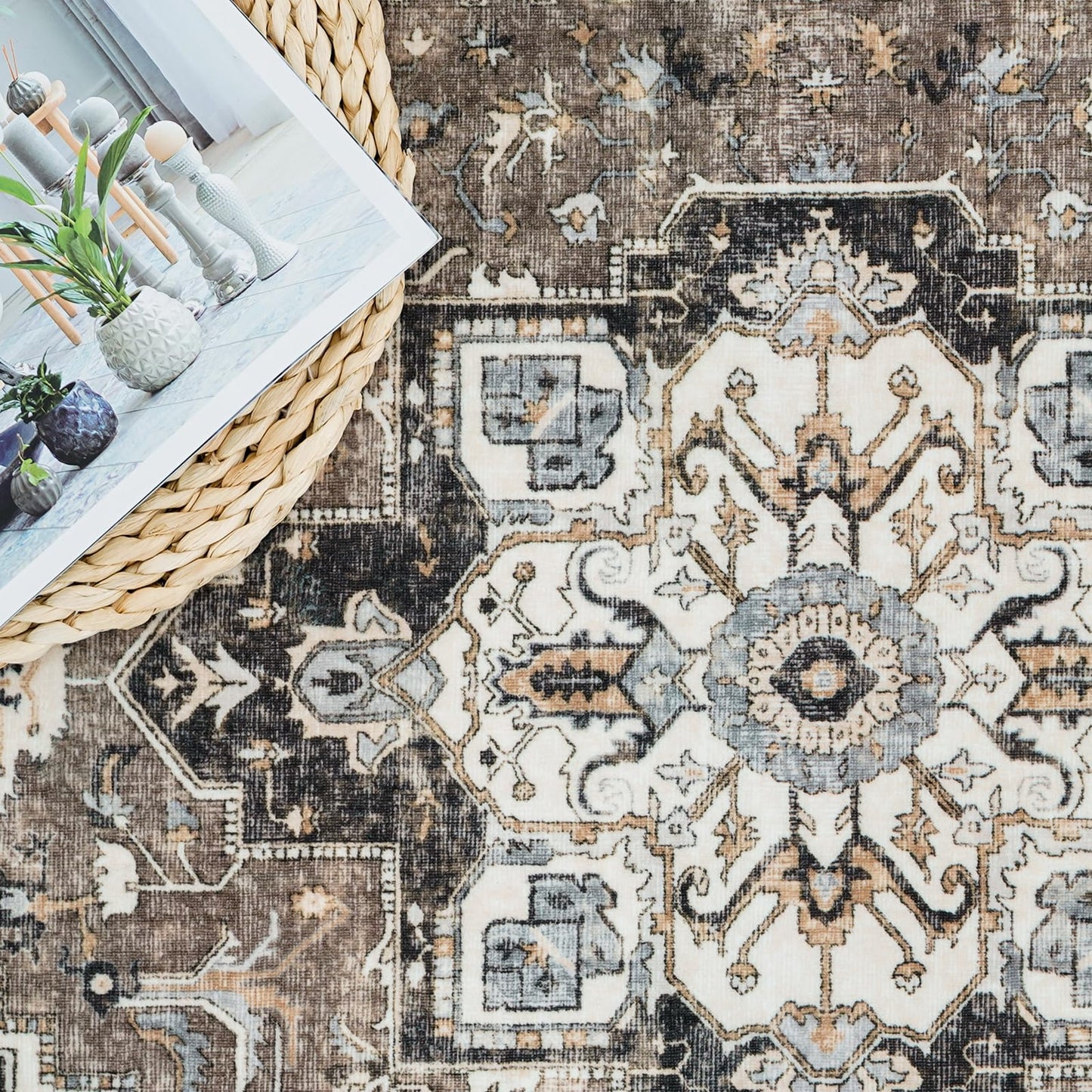 Washable Kitchen Runner Rug - 2'6''x12' Hallway Rug Distressed Mats Non-Slip Soft Room Floor Carpet for Dining Room (Beige, 2'6'' x 12')