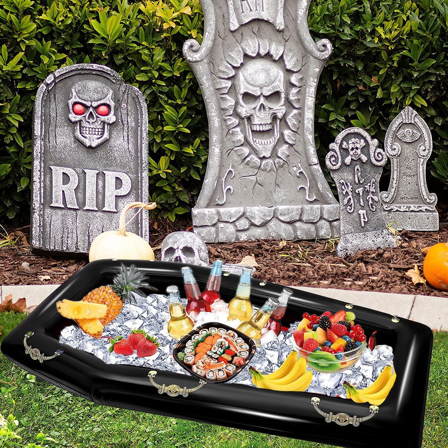 52Inch Inflatable Coffin Cooler Coffin Pool Float Inflatable Ice Chest Buffet Cooler Drink Beverage for Halloween Party Spooky Decor Cooler Pool Party Picnic Barbecue (Coffin Cooler)